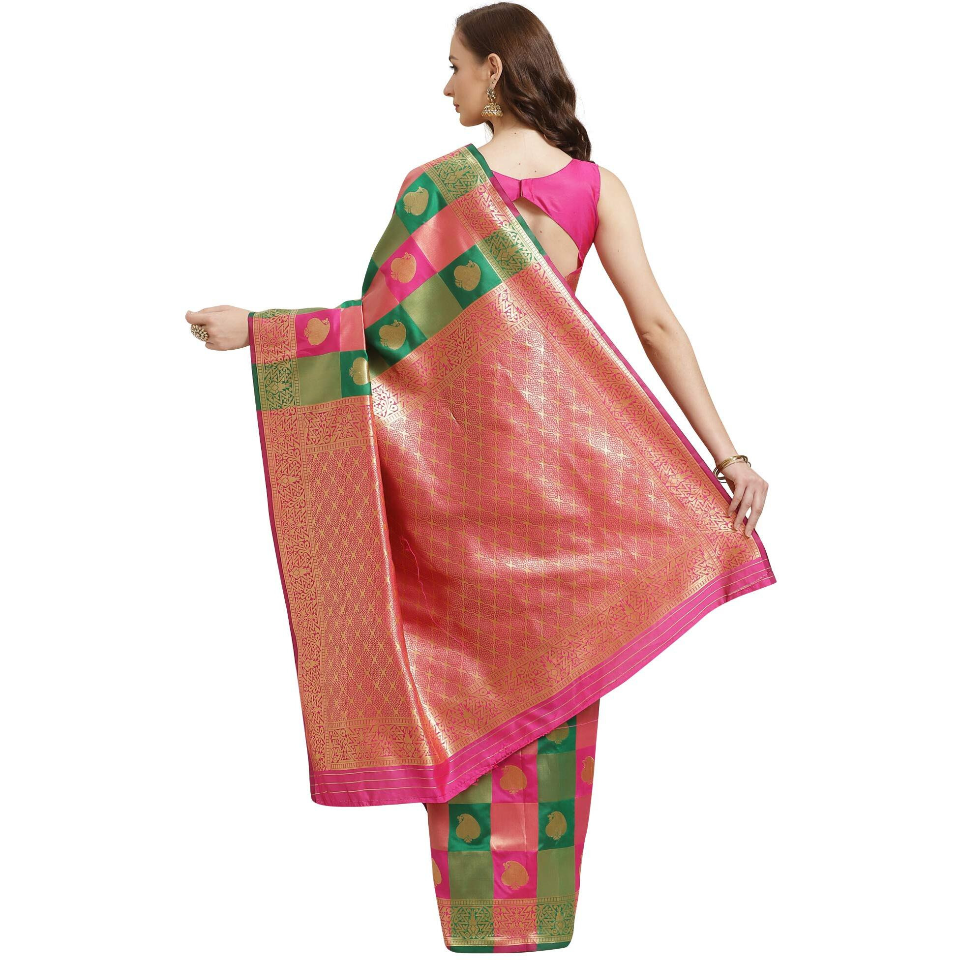 AKHILAM Womens Solid Silk Blend Saree With Unstitched Blouse Piece(Green & Pink_HSA27007)