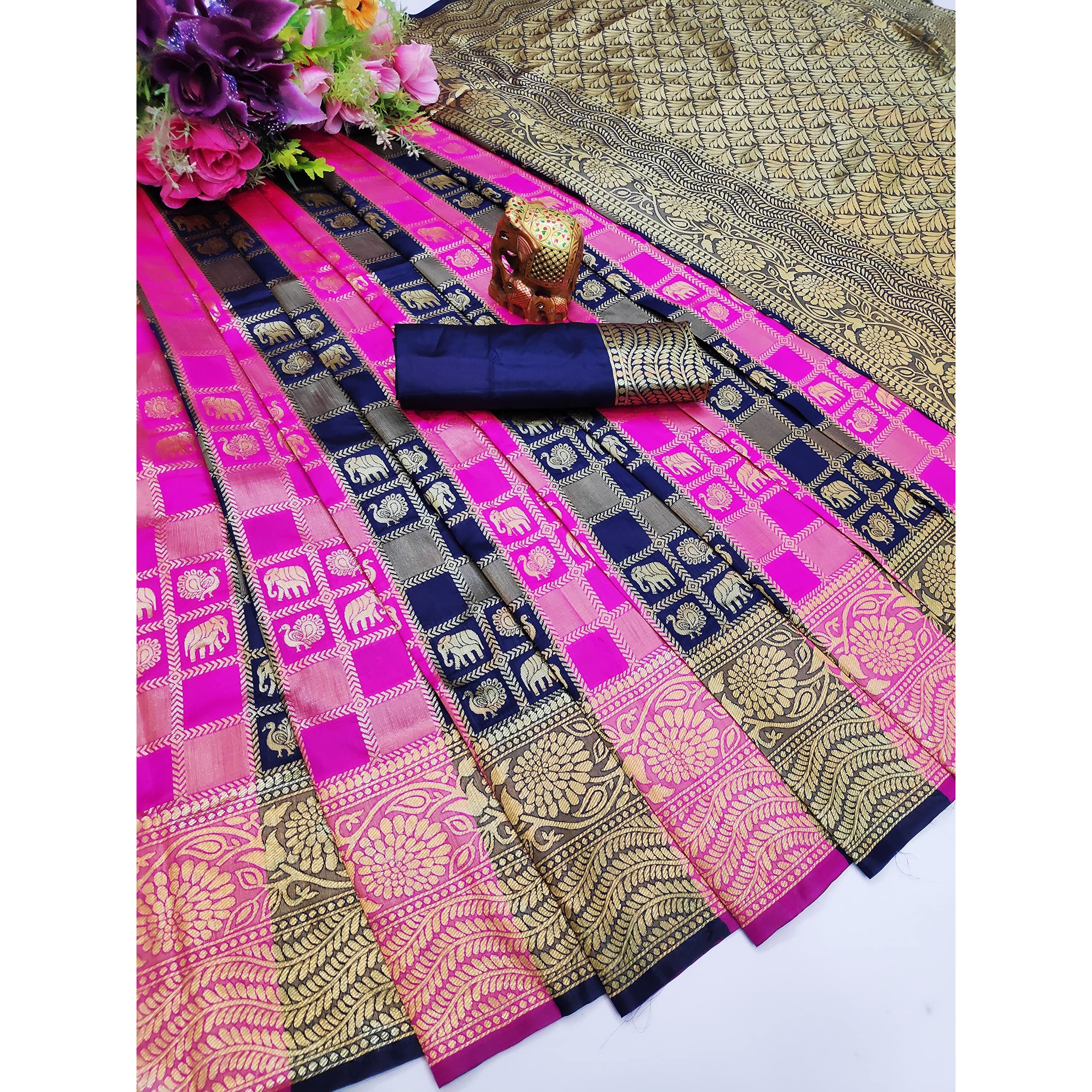 AKHILAM Womens Solid Banarasi Silk Saree With Unstitched Blouse Piece (Pink & Navy Blue_HSA27001)