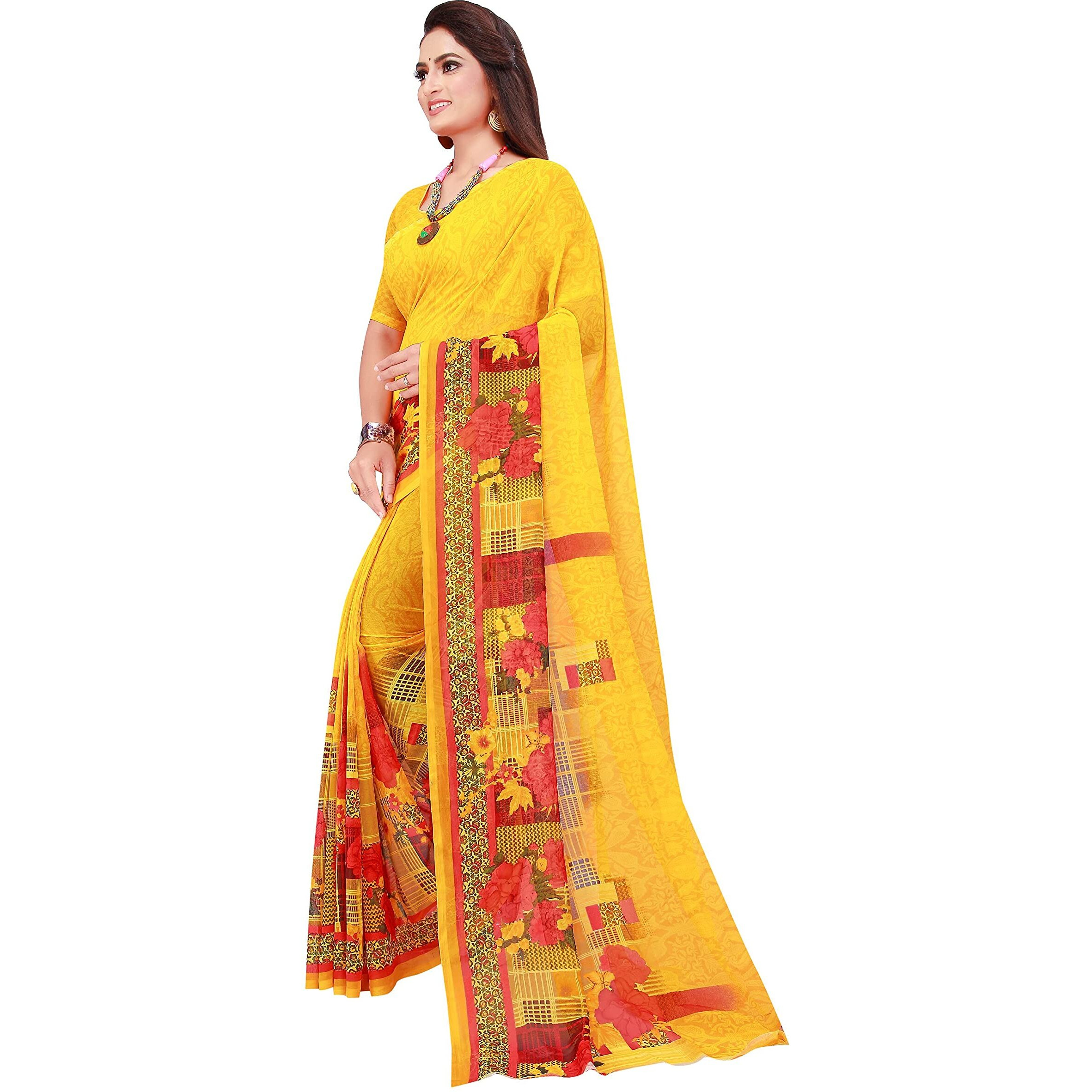 Florence Womens Polyester Printed Georgette Saree (FL-Georgette14_Yellow)