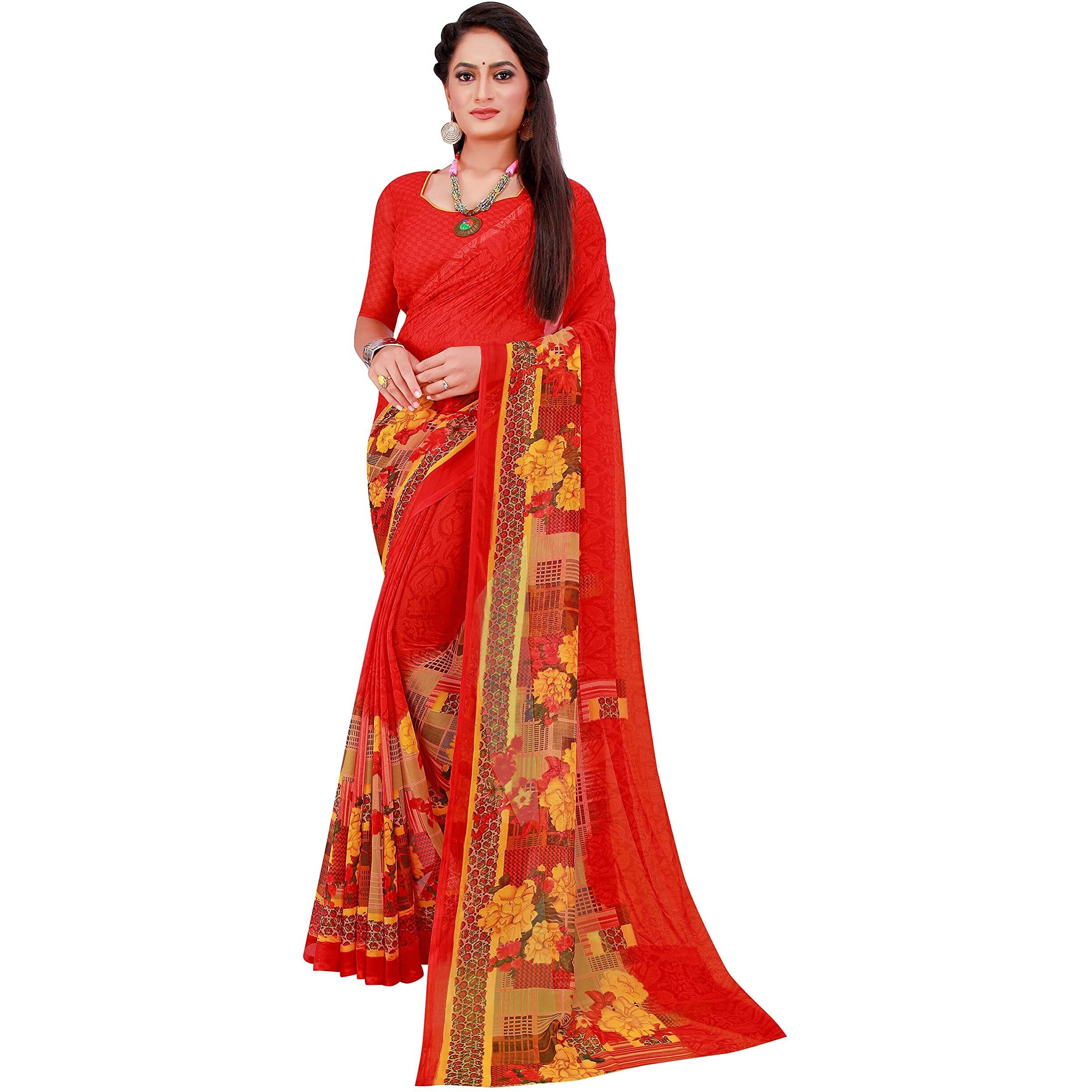 Florence Womens Polyester Printed Georgette Saree (FL-Georgette16_Red)