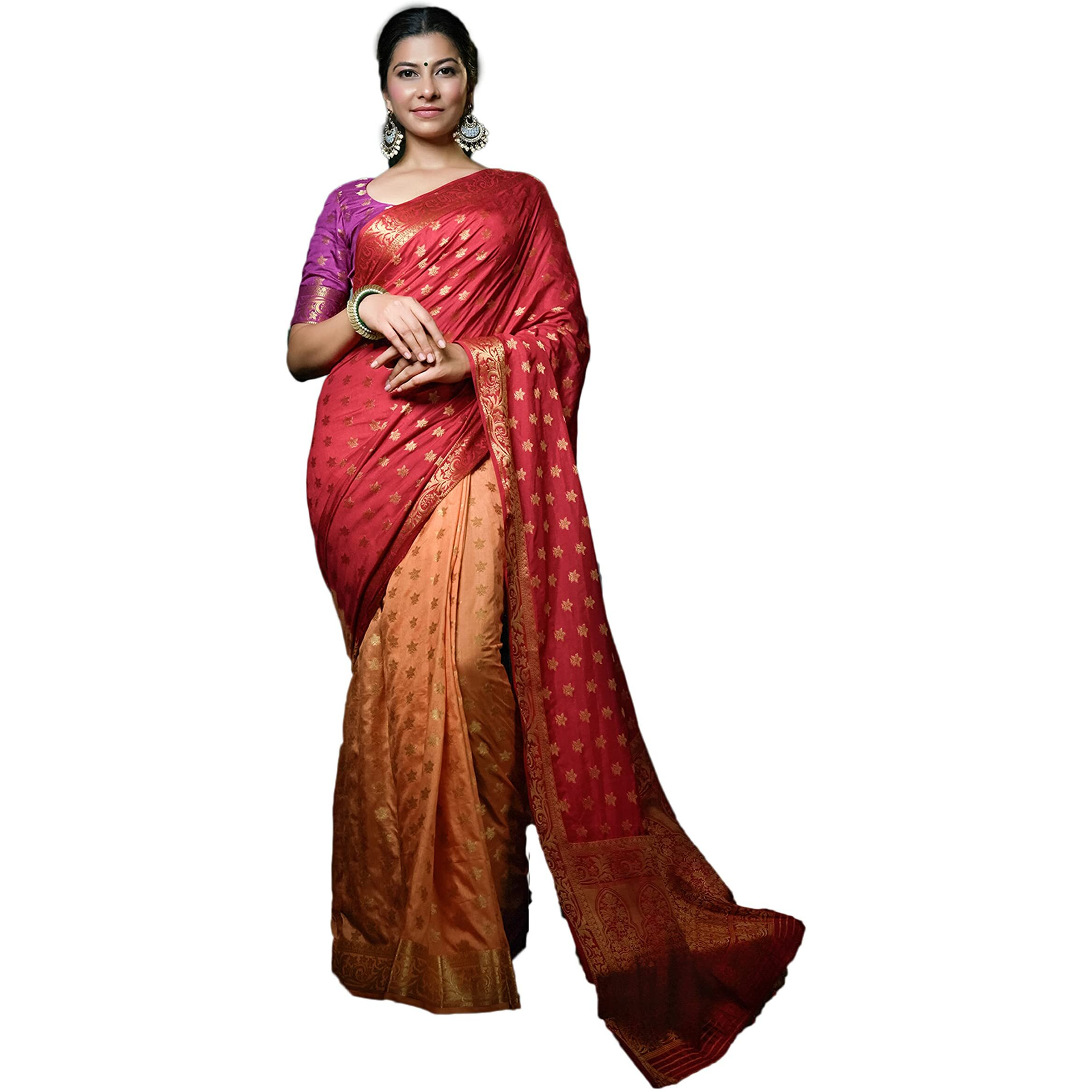 Vardha Womens Art Silk Saree with Unstitched Blouse Piece - Zari Woven Work Sarees for Wedding (Antrang Silk, 460, Red and Peach)