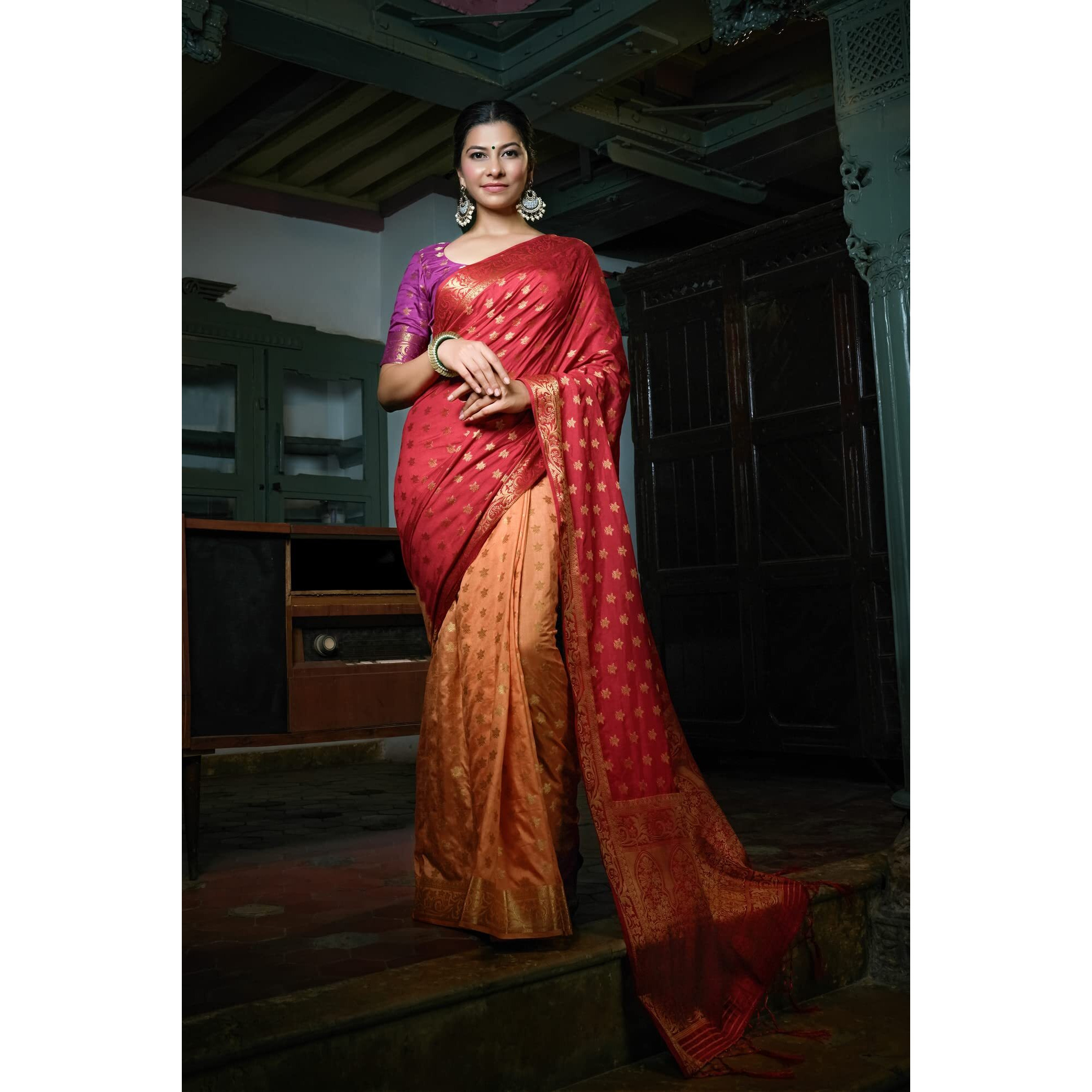 Vardha Womens Art Silk Saree with Unstitched Blouse Piece - Zari Woven Work Sarees for Wedding (Antrang Silk, 460, Red and Peach)