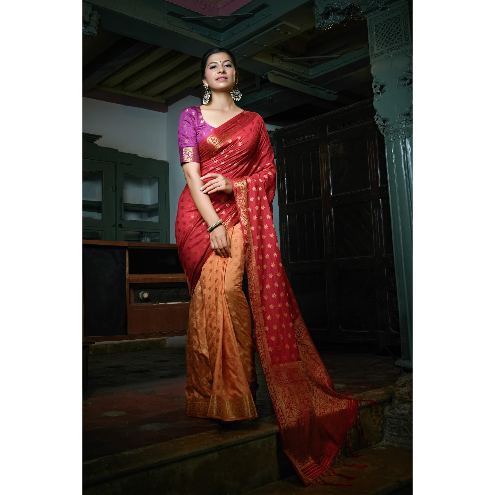 Vardha Womens Art Silk Saree with Unstitched Blouse Piece - Zari Woven Work Sarees for Wedding (Antrang Silk, 460, Red and Peach)