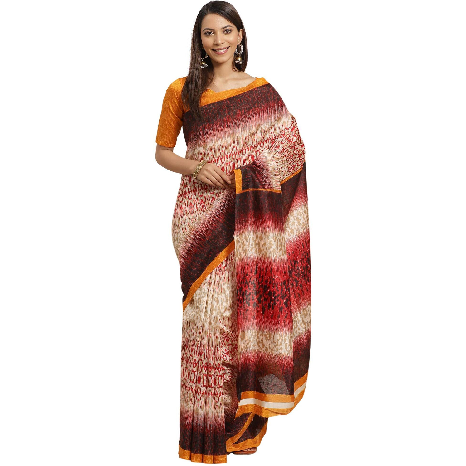 AKHILAM Womens Bhagalpuri Art Silk Saree With Blouse Piece (B08QZH8KXQ_Beige And Red)