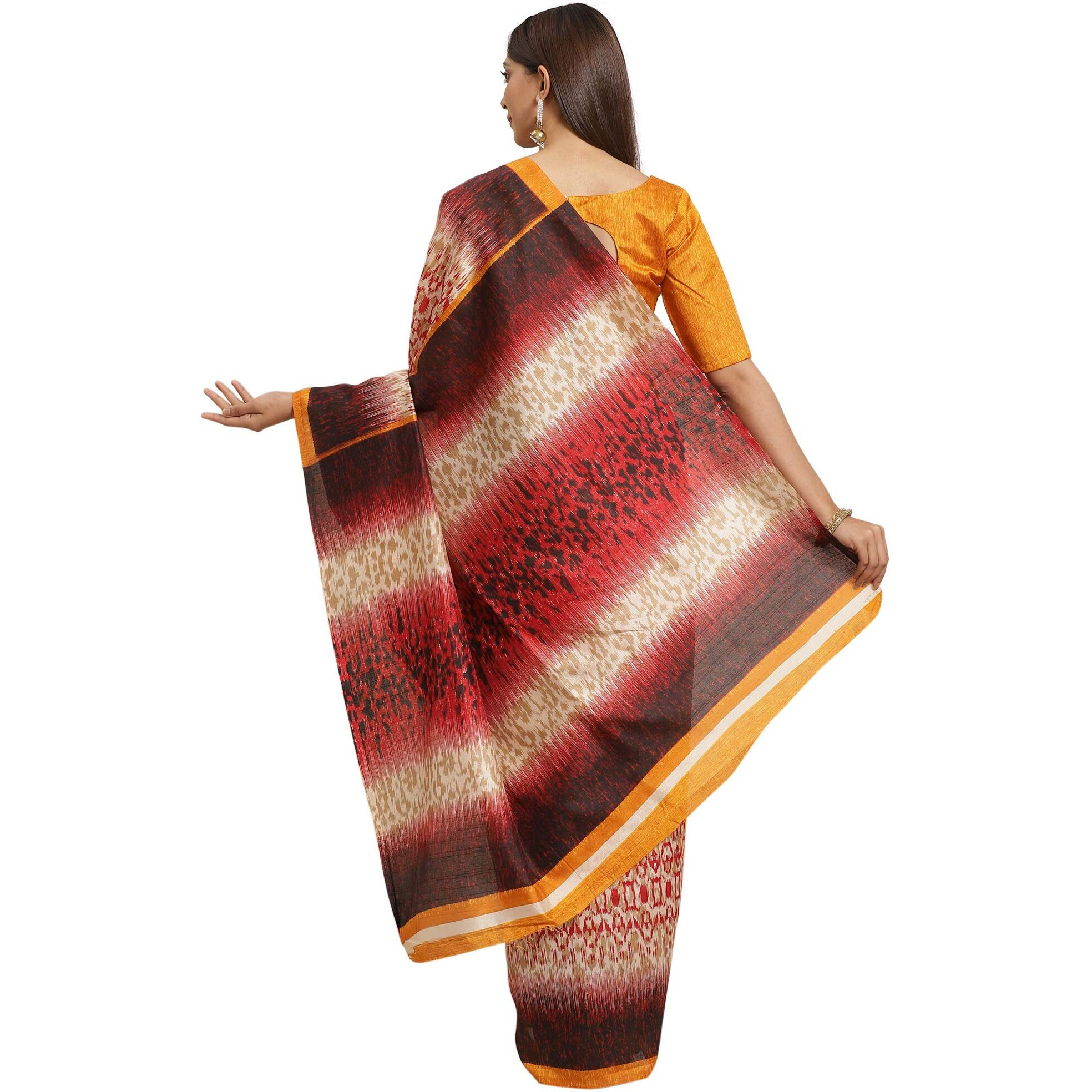 AKHILAM Womens Bhagalpuri Art Silk Saree With Blouse Piece (B08QZH8KXQ_Beige And Red)