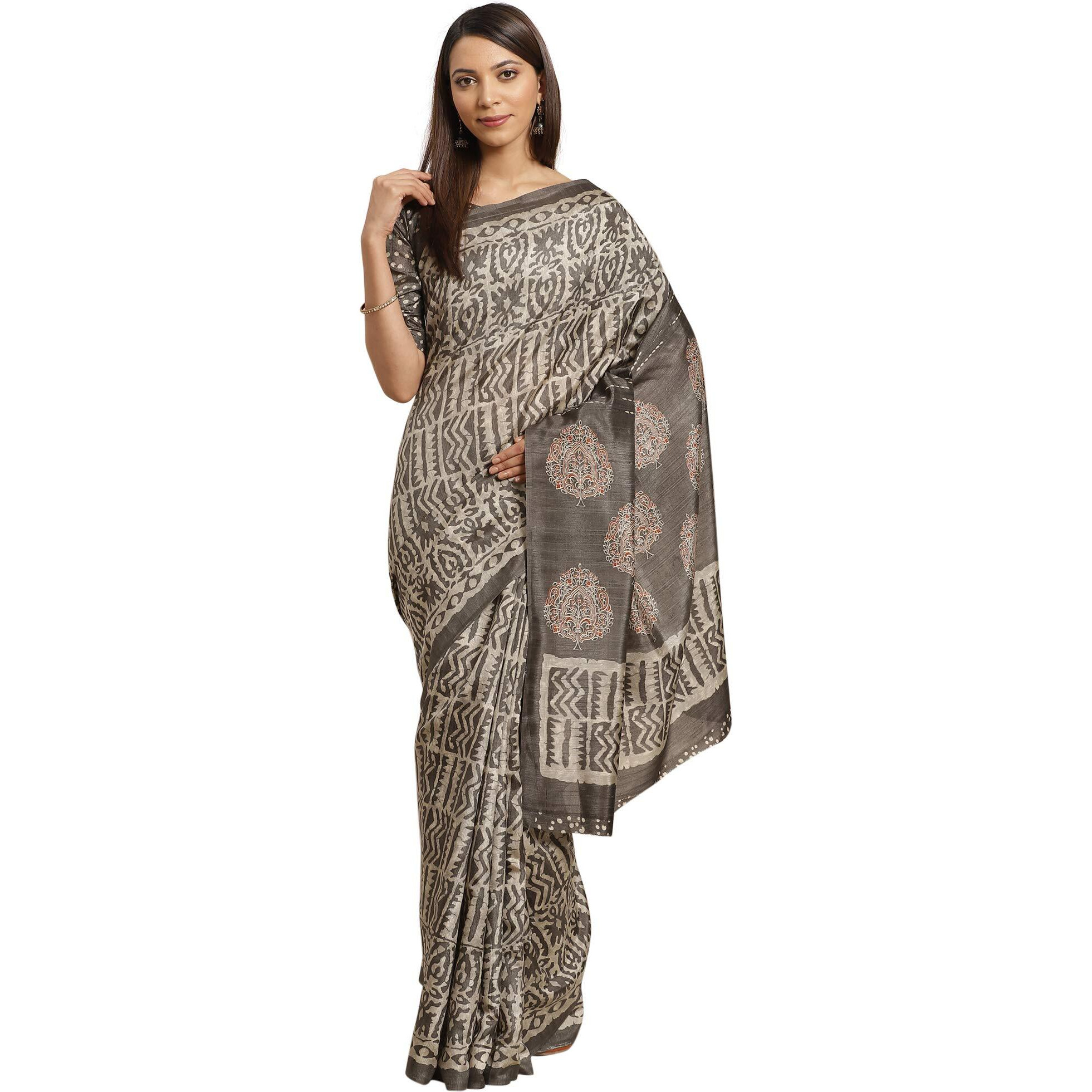 AKHILAM Womens Bhagalpuri Art Silk Saree With Blouse Piece (B08QZCTZ3B_Grey)