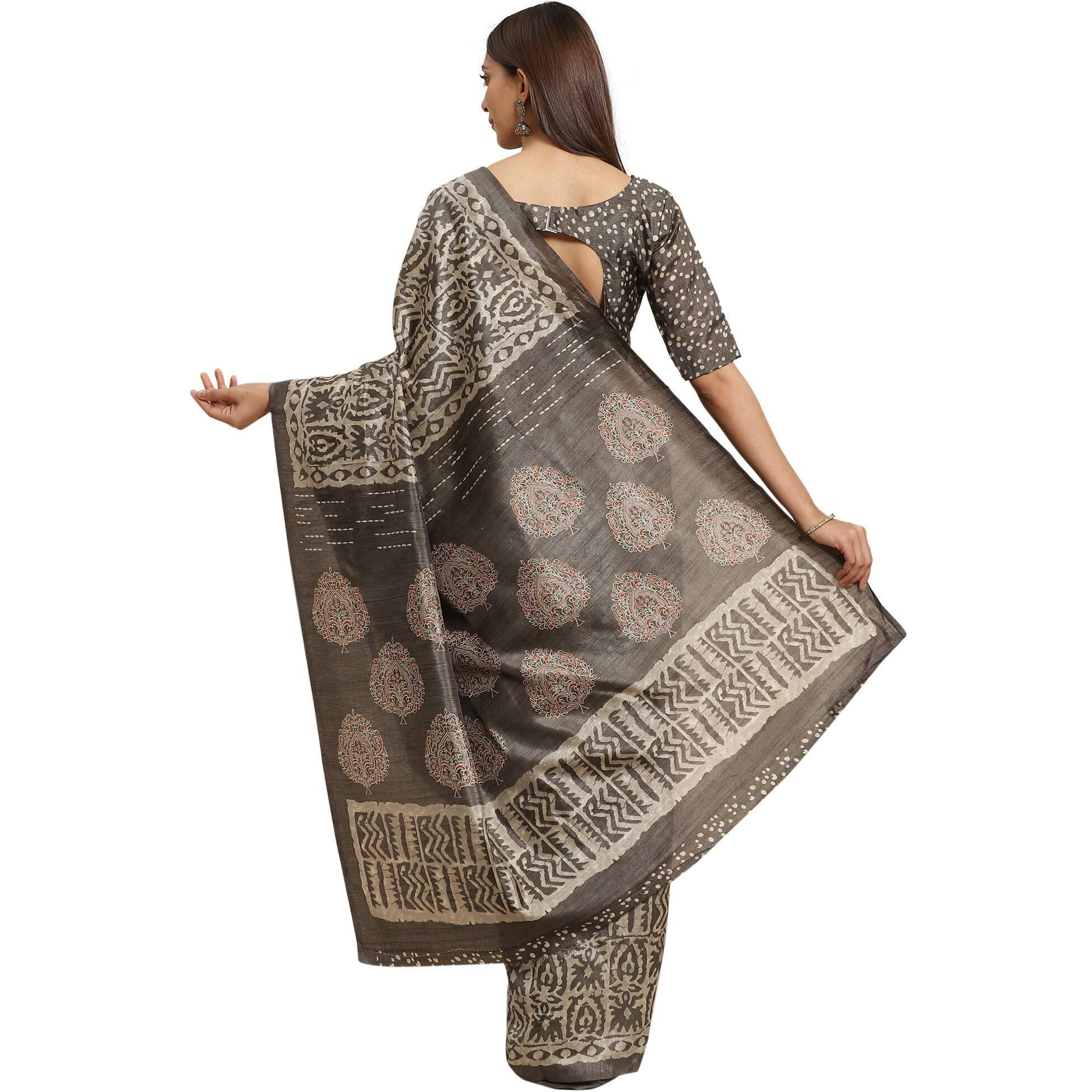 AKHILAM Womens Bhagalpuri Art Silk Saree With Blouse Piece (B08QZCTZ3B_Grey)