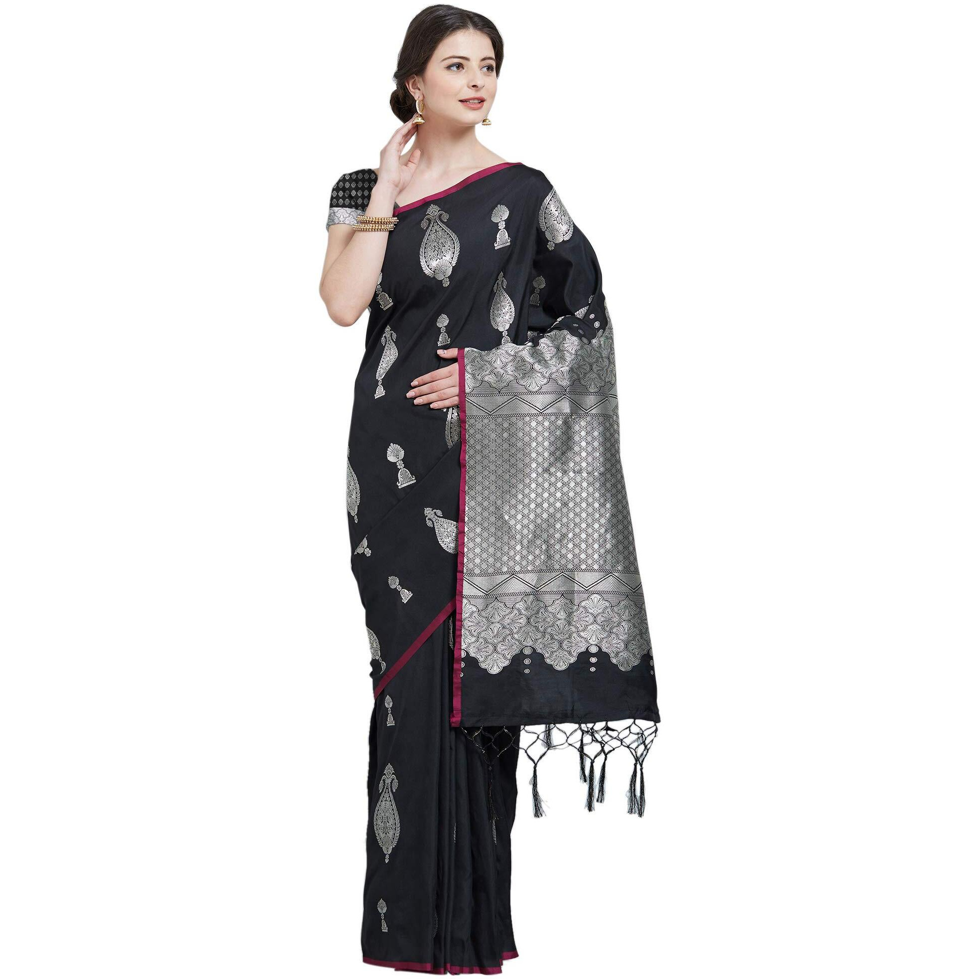 AKHILAM Womens Kanjivaram Banarasi Silk Saree with Unstitched Blouse Piece(Black_KNTKLS60005_R)