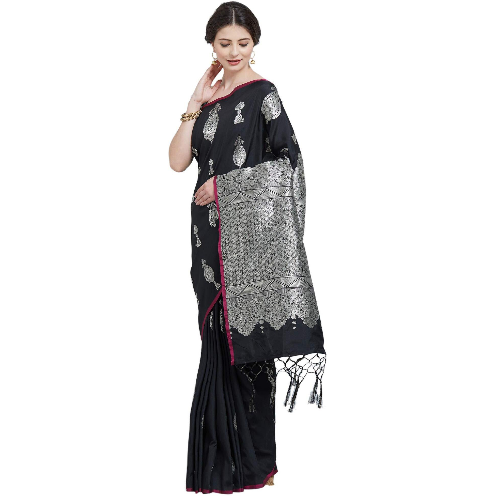 AKHILAM Womens Kanjivaram Banarasi Silk Saree with Unstitched Blouse Piece(Black_KNTKLS60005_R)