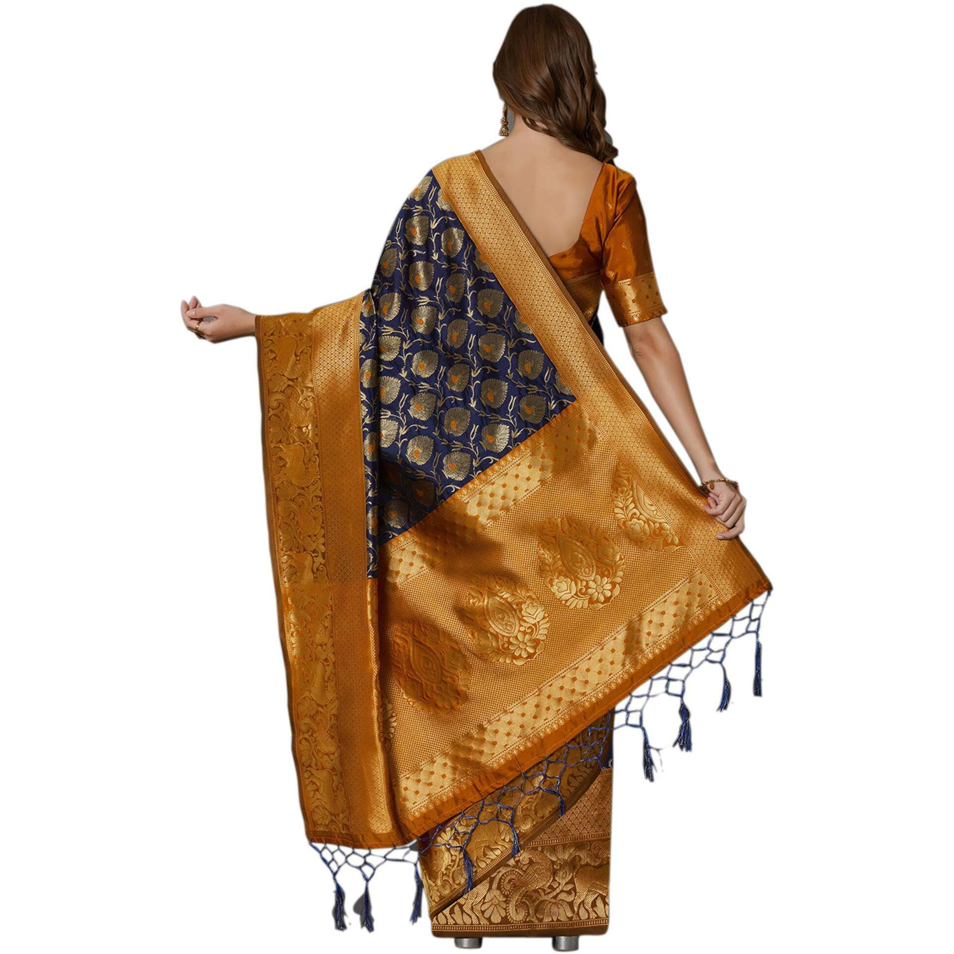 AKHILAM Womens Banarasi Silk Woven Border Saree with Unstitched Blouse Piece(Navy Blue_JMN32001)