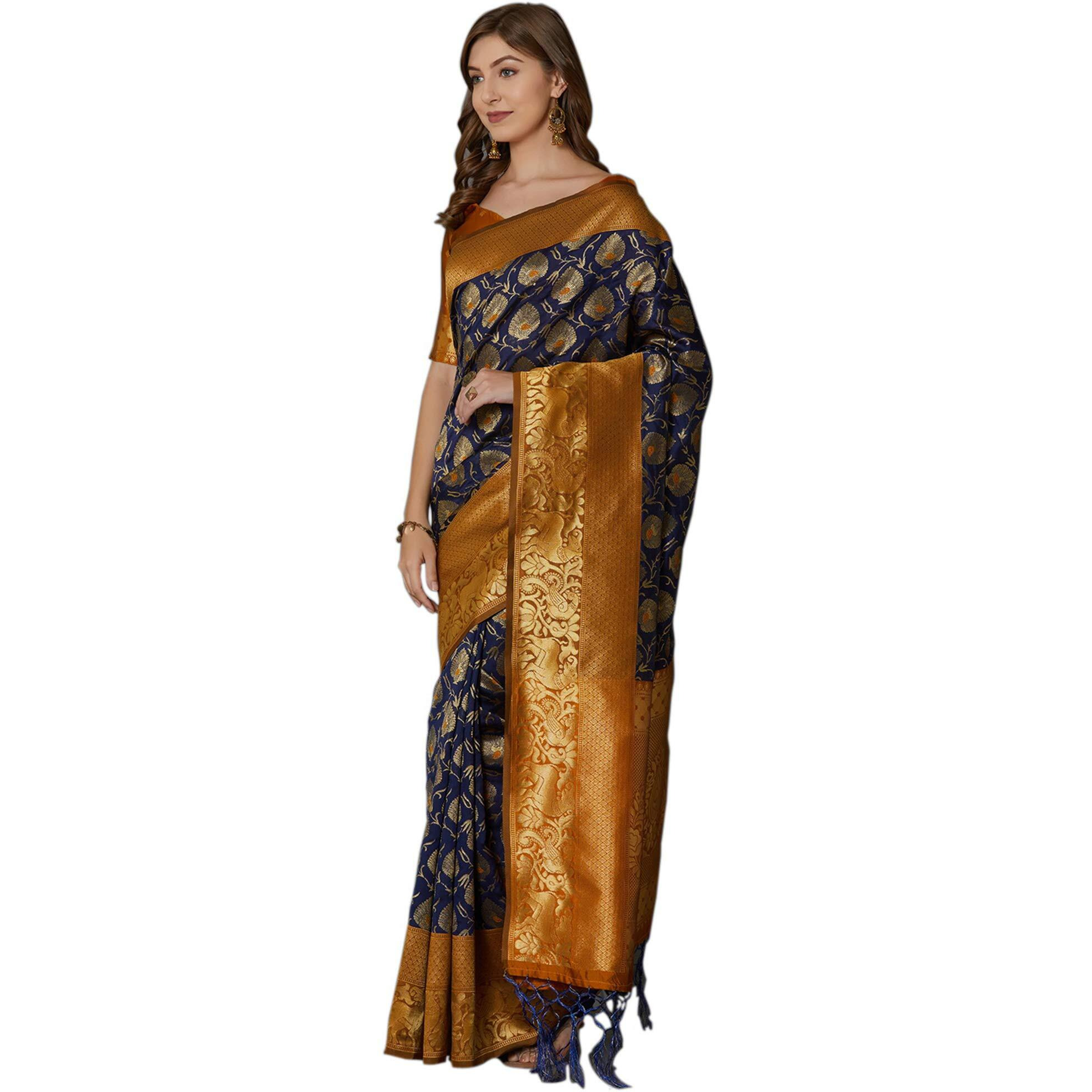 AKHILAM Womens Banarasi Silk Woven Border Saree with Unstitched Blouse Piece(Navy Blue_JMN32001)