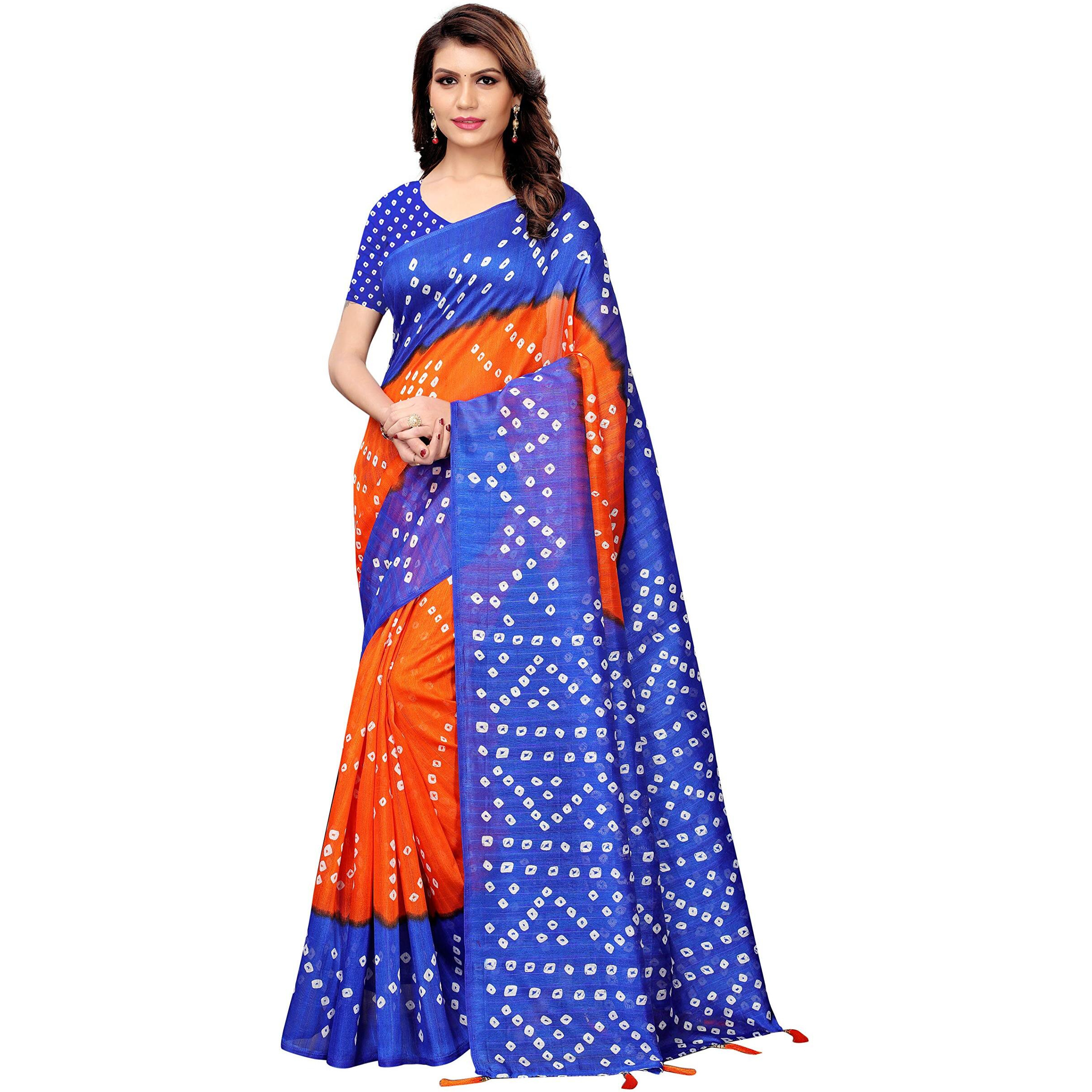 GoSriKi Womens Orange Color Bhagalpuri Silk Printed Saree Border Tassels With Blouse Piece (RAJWADI ORANGE BLUE_Free Size)