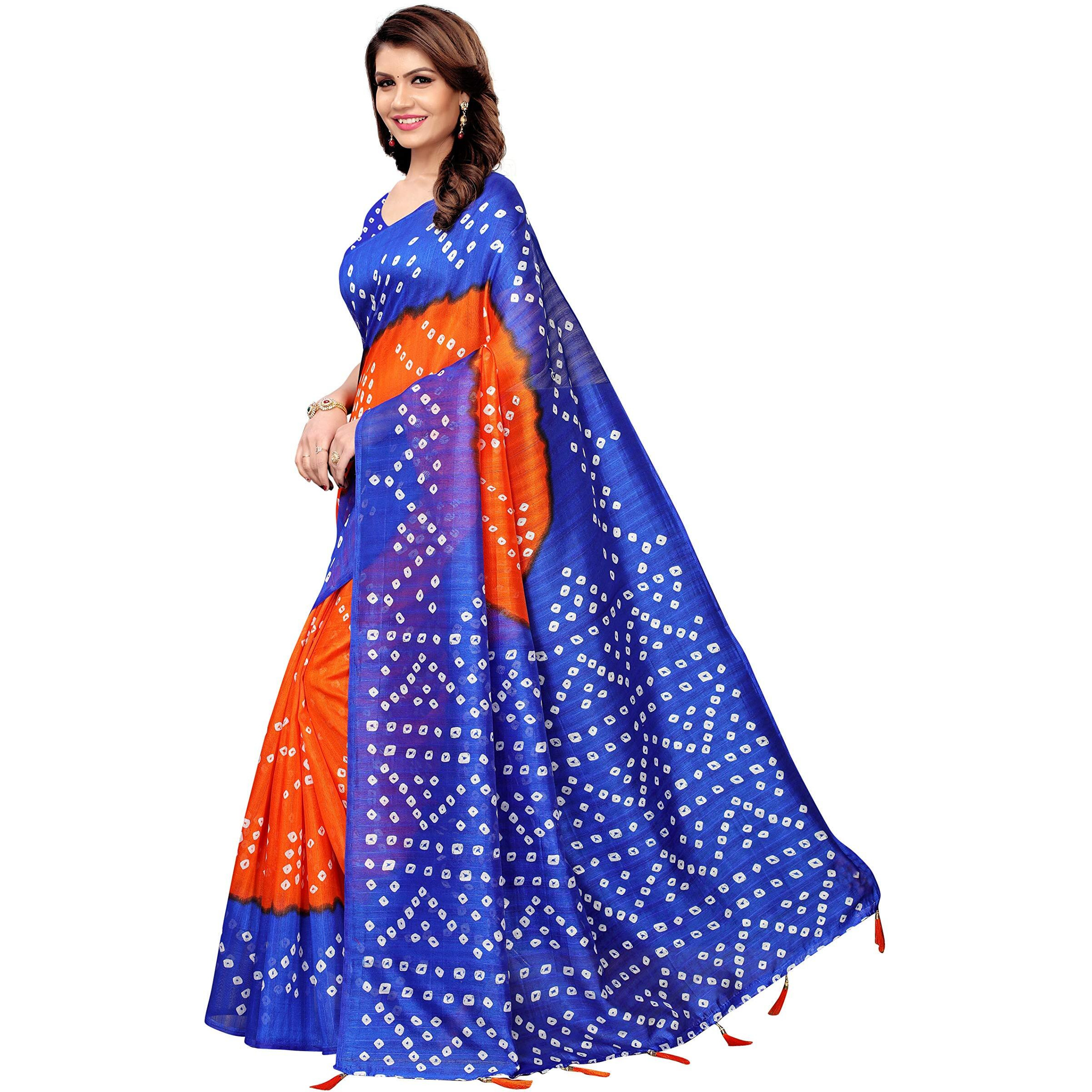 GoSriKi Womens Orange Color Bhagalpuri Silk Printed Saree Border Tassels With Blouse Piece (RAJWADI ORANGE BLUE_Free Size)