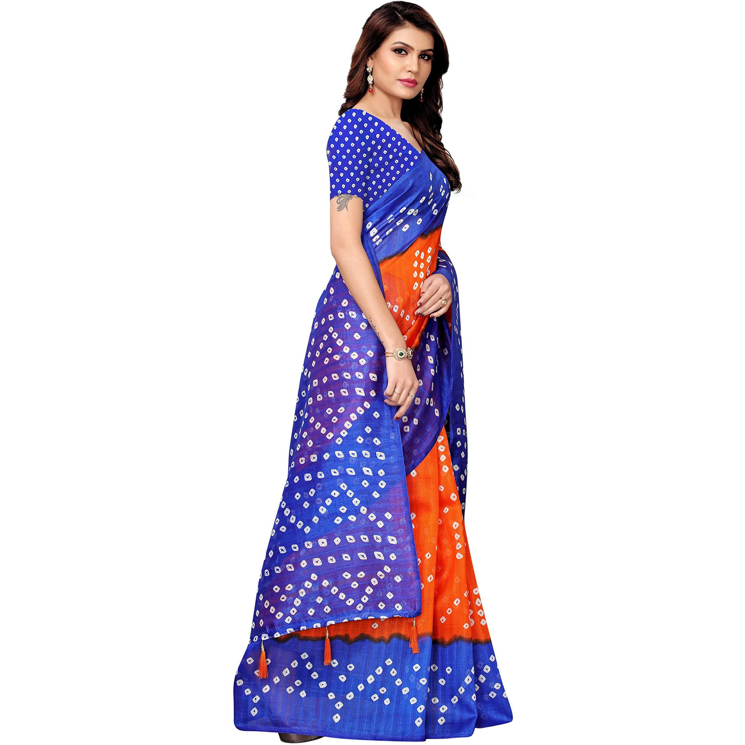 GoSriKi Womens Orange Color Bhagalpuri Silk Printed Saree Border Tassels With Blouse Piece (RAJWADI ORANGE BLUE_Free Size)