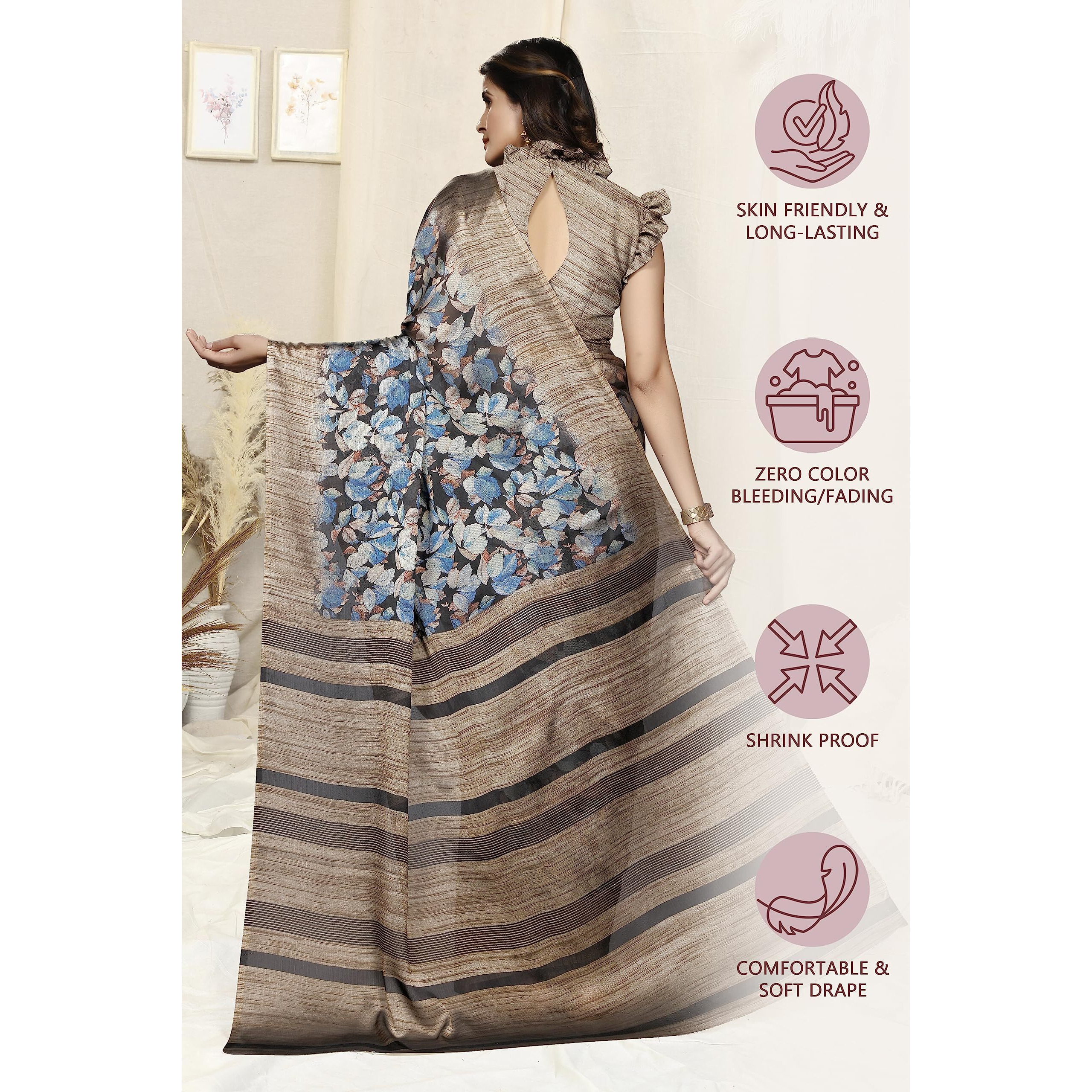 SOURBH Womens Chiffon Leaf Printed Saree with Blouse Piece (28576-Black, Blue, Beige)