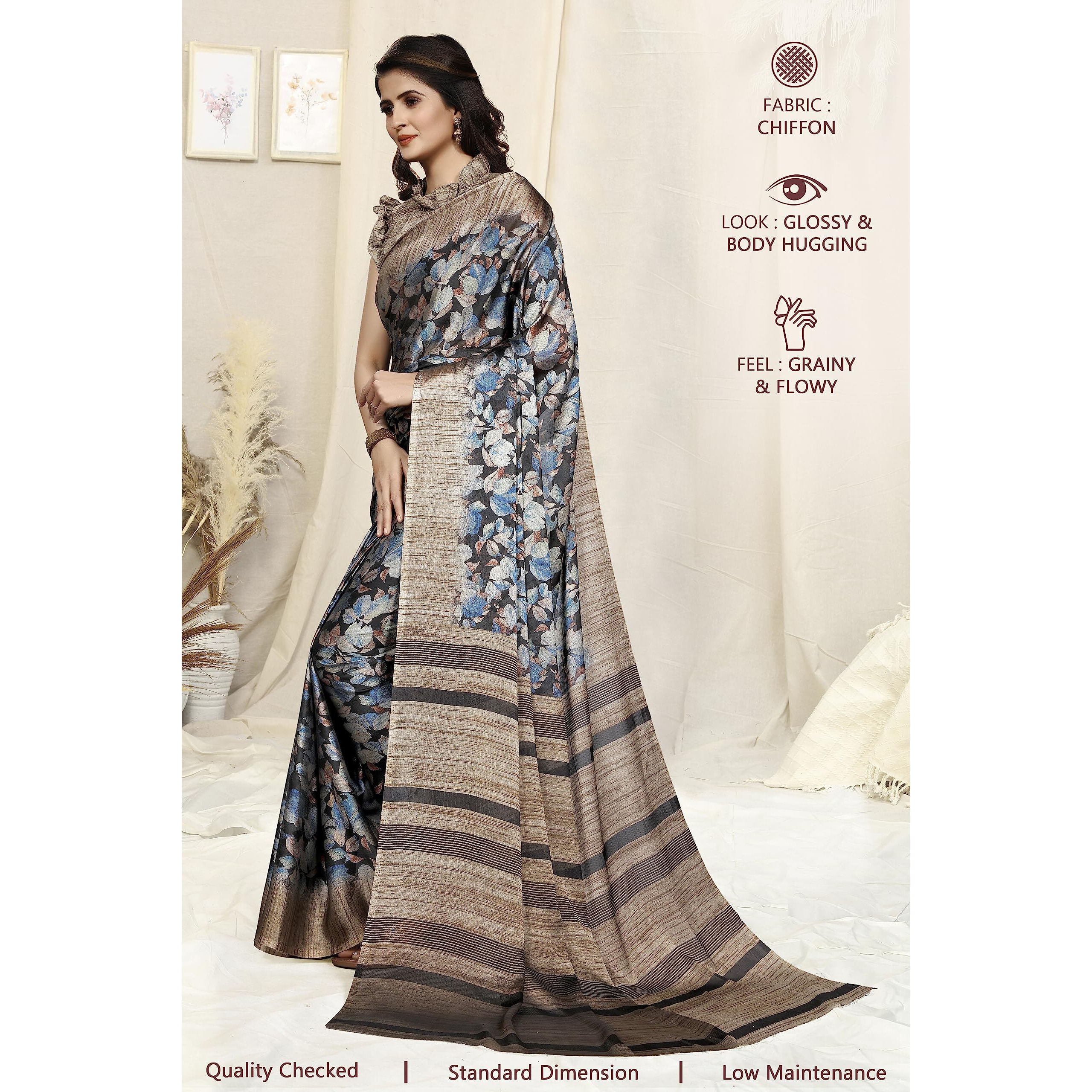 SOURBH Womens Chiffon Leaf Printed Saree with Blouse Piece (28576-Black, Blue, Beige)