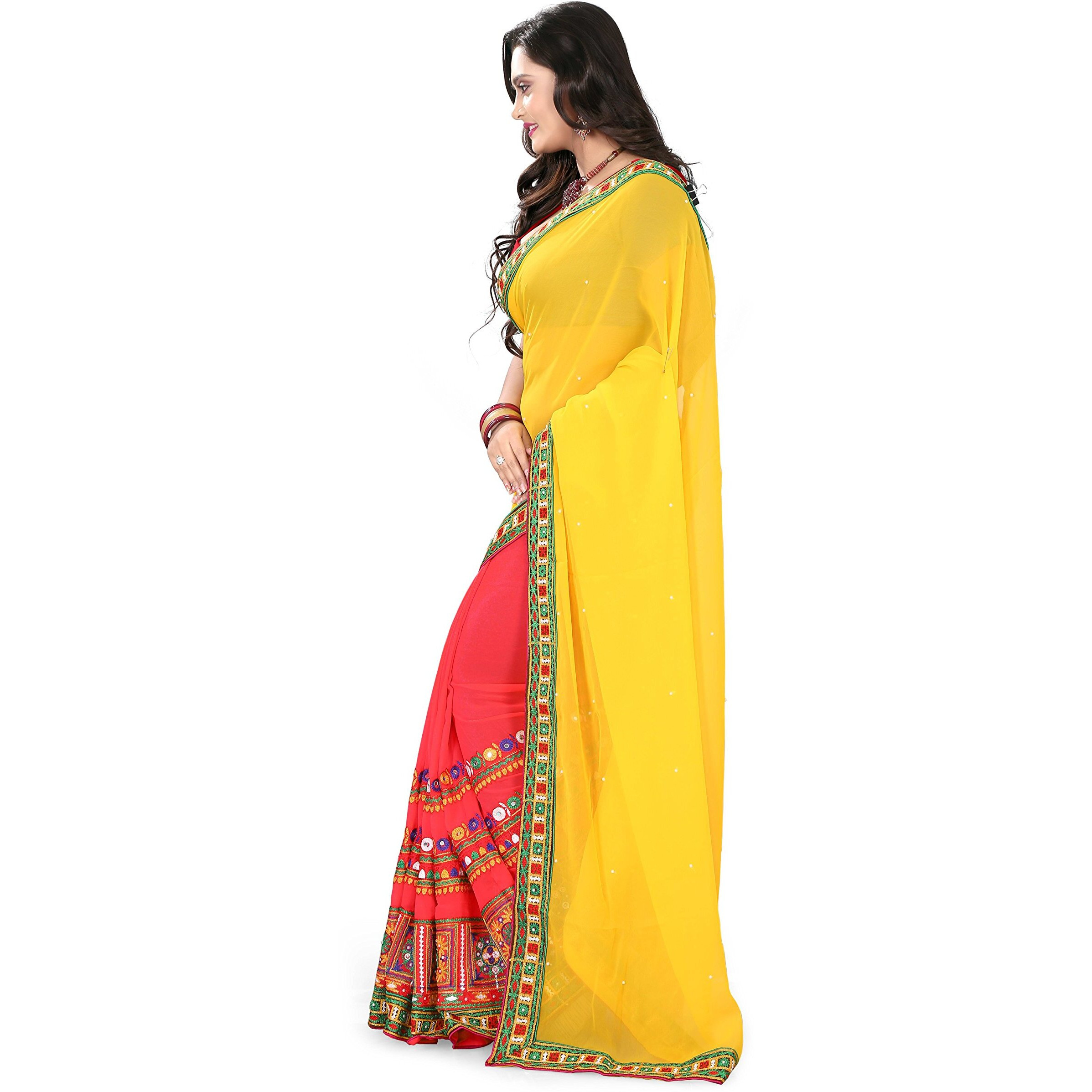 Arriva Fab Georgette with Blouse Piece Saree (Riva2_38_p2_Yellow-Pink_Free Size)