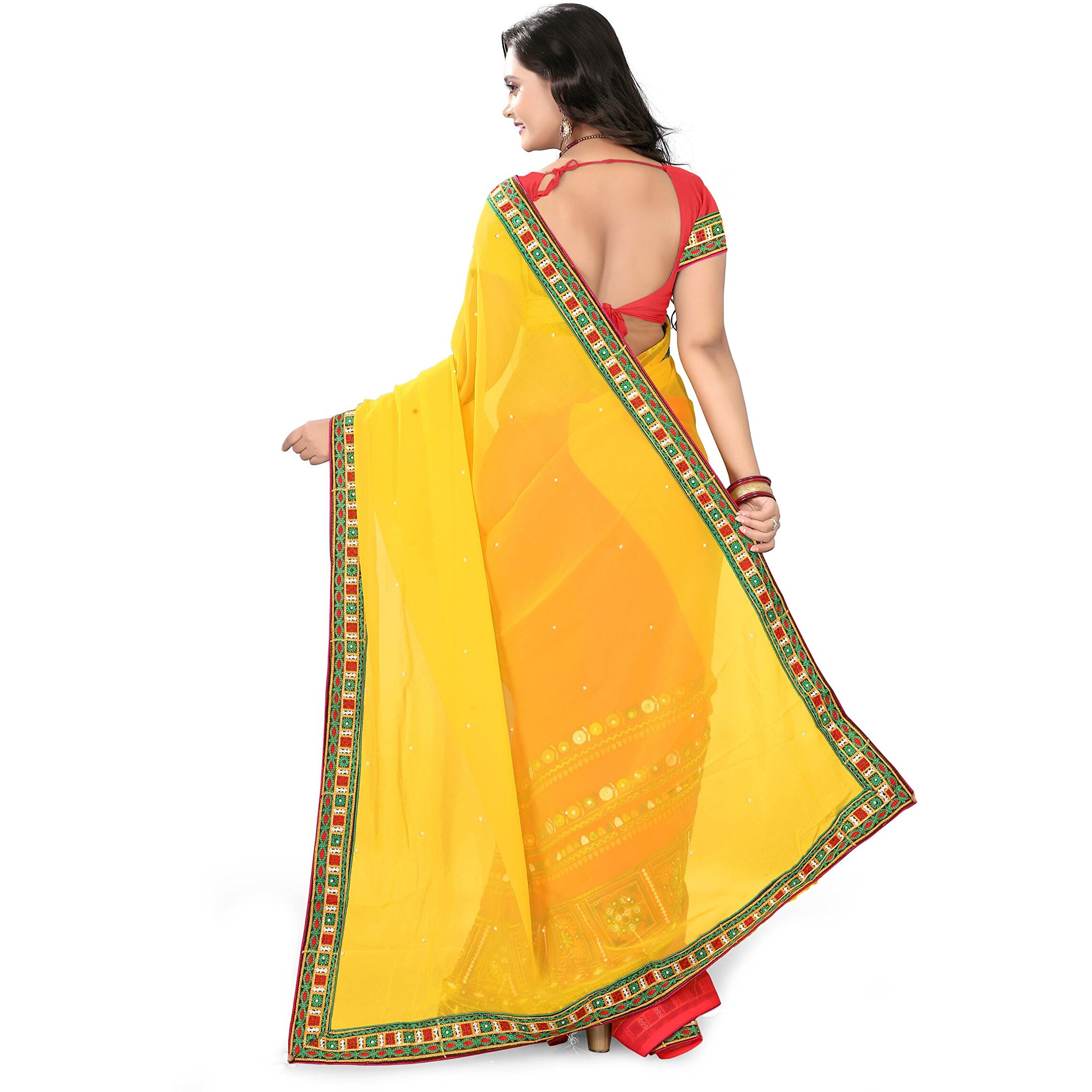 Arriva Fab Georgette with Blouse Piece Saree (Riva2_38_p2_Yellow-Pink_Free Size)