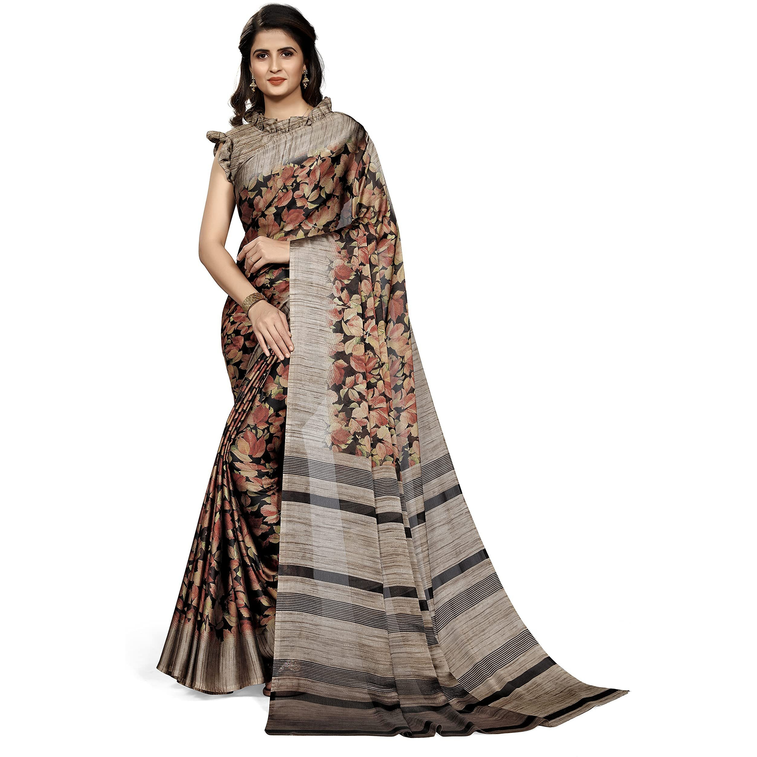 SOURBH Womens Chiffon Leaf Printed Saree with Blouse Piece (28575-Black, Red, Beige)