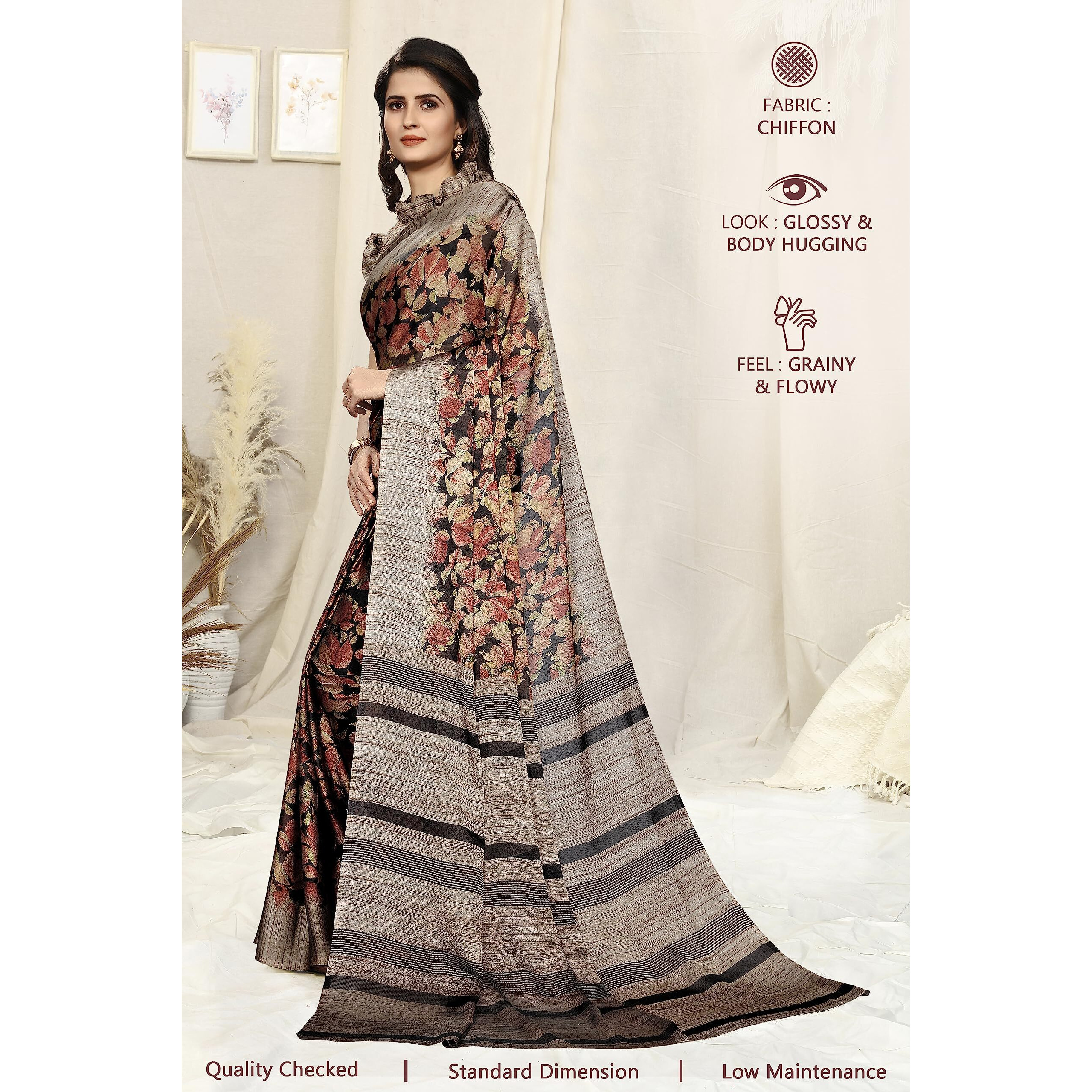 SOURBH Womens Chiffon Leaf Printed Saree with Blouse Piece (28575-Black, Red, Beige)