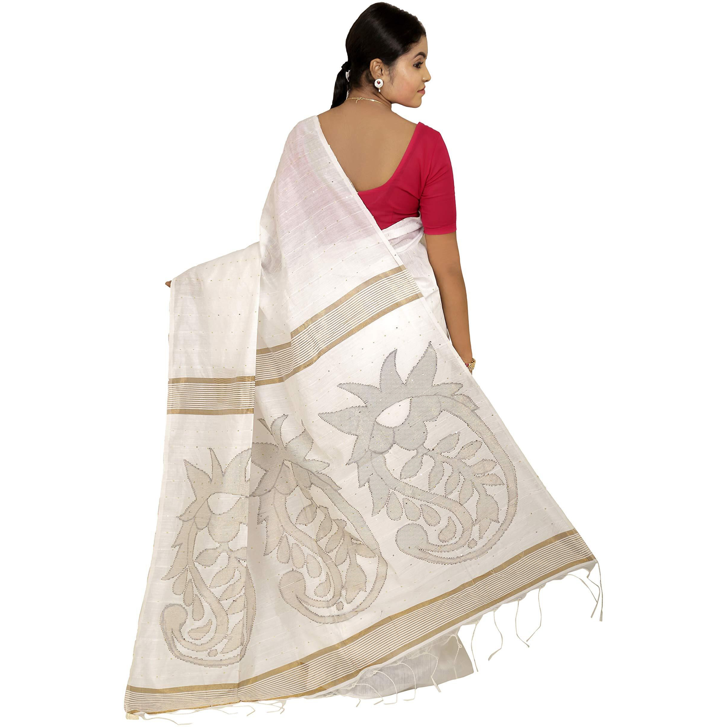 Chhanda Handloom Dhakai Jamdani Saree for WomenPure Cotton Silk Sarees with Blouse Piece for All Festivals, Occasions, Modern & Stylish Bengali Printed Saari, Pack of 1 (White)