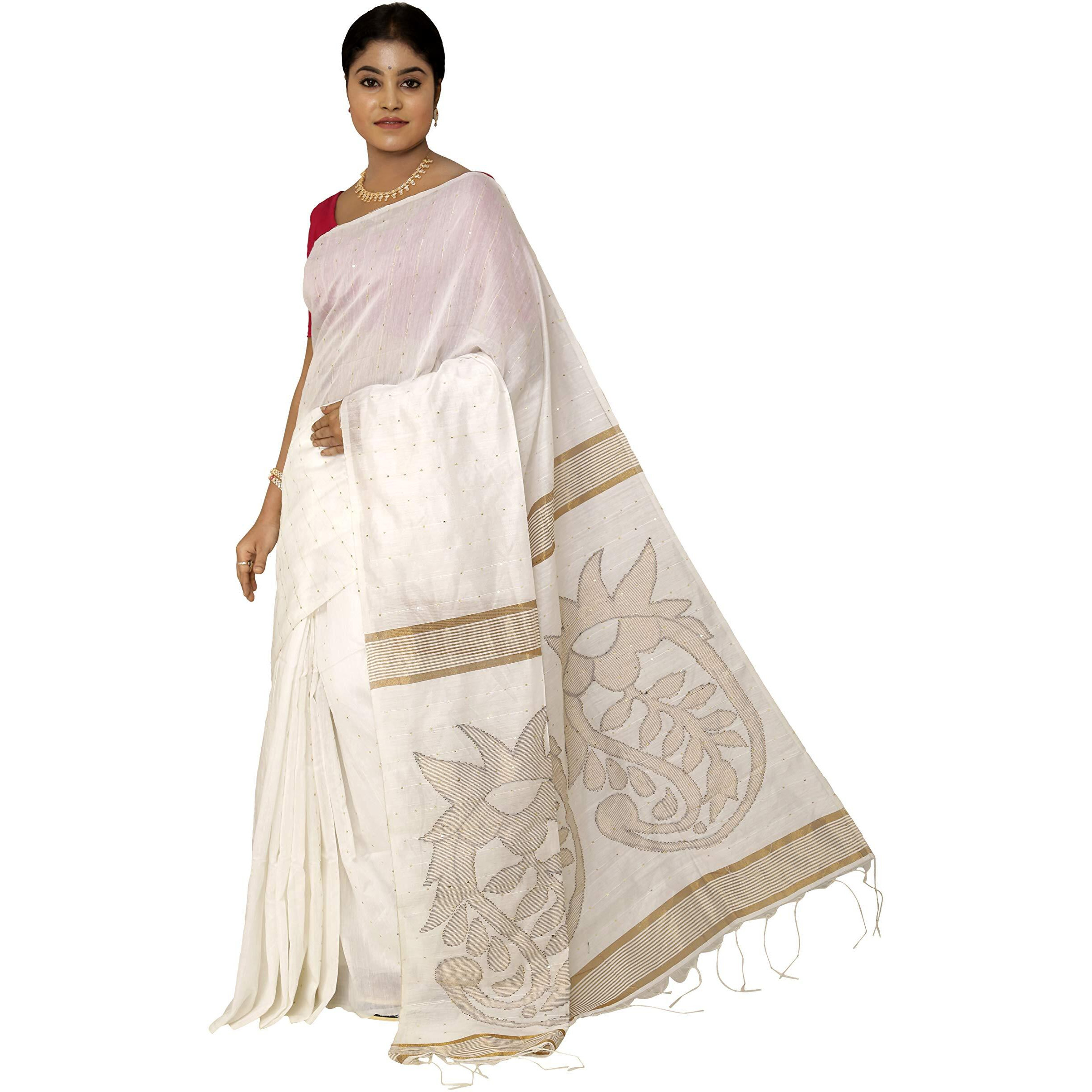 Chhanda Handloom Dhakai Jamdani Saree for WomenPure Cotton Silk Sarees with Blouse Piece for All Festivals, Occasions, Modern & Stylish Bengali Printed Saari, Pack of 1 (White)