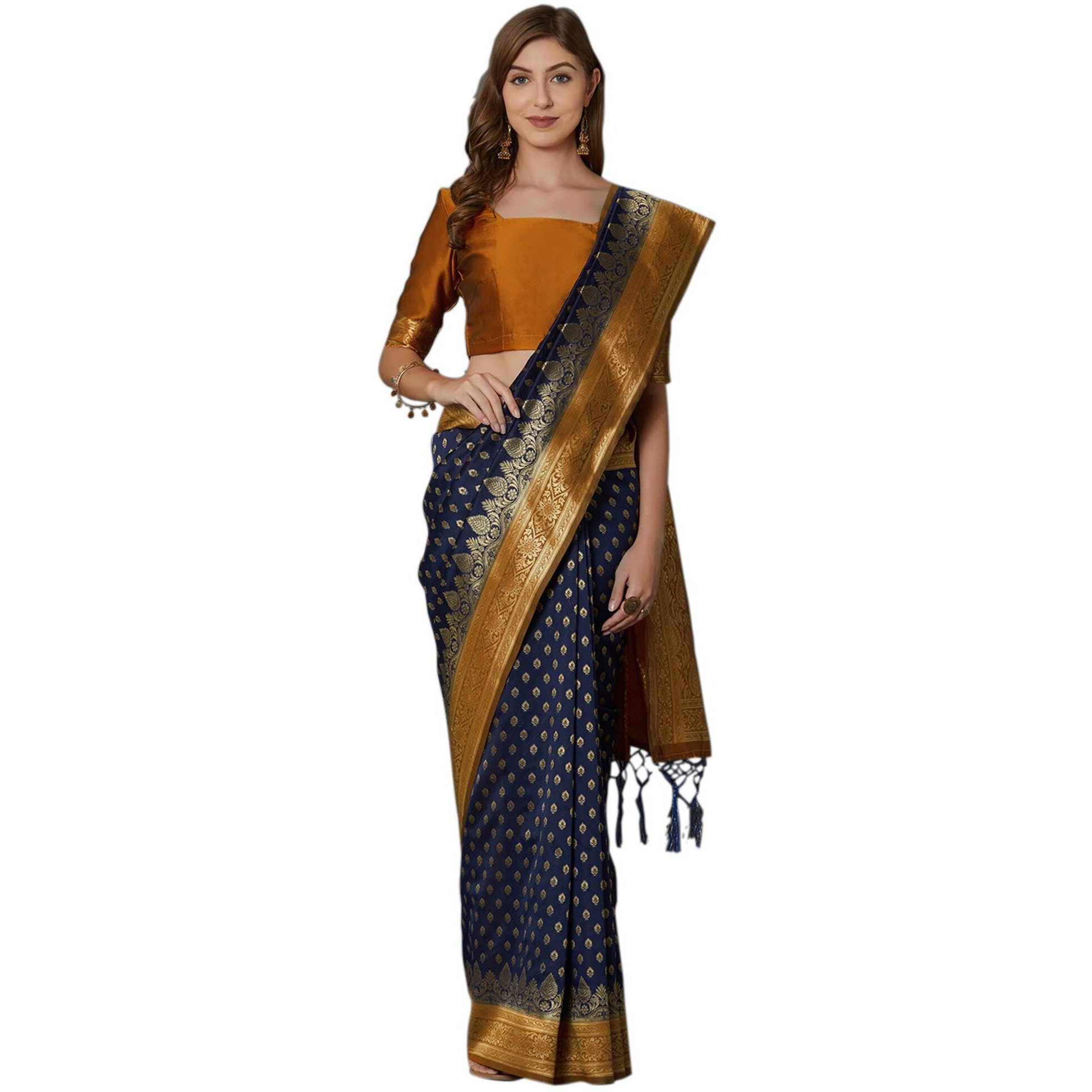 AKHILAM Womens Banarasi silk woven Design Saree with Unstitched Blouse Piece(Navy Blue & Gold_GNG22007)