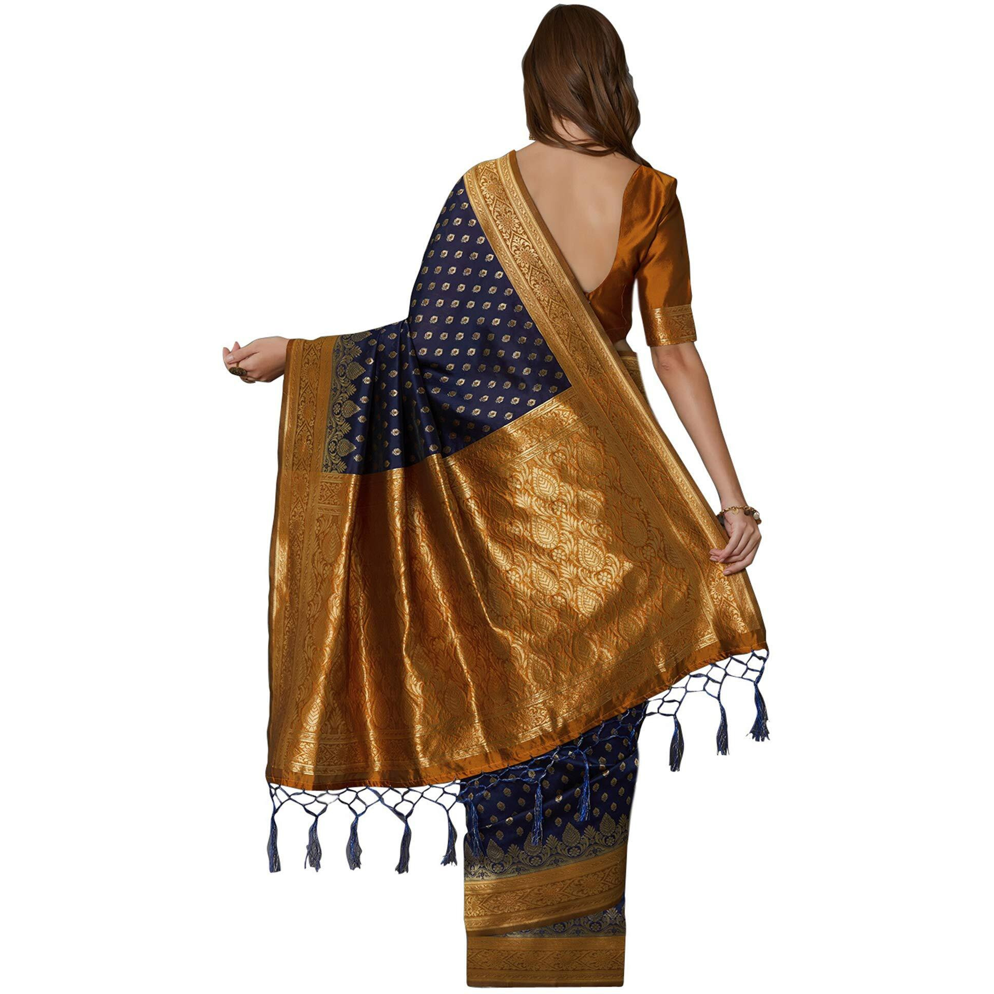 AKHILAM Womens Banarasi silk woven Design Saree with Unstitched Blouse Piece(Navy Blue & Gold_GNG22007)