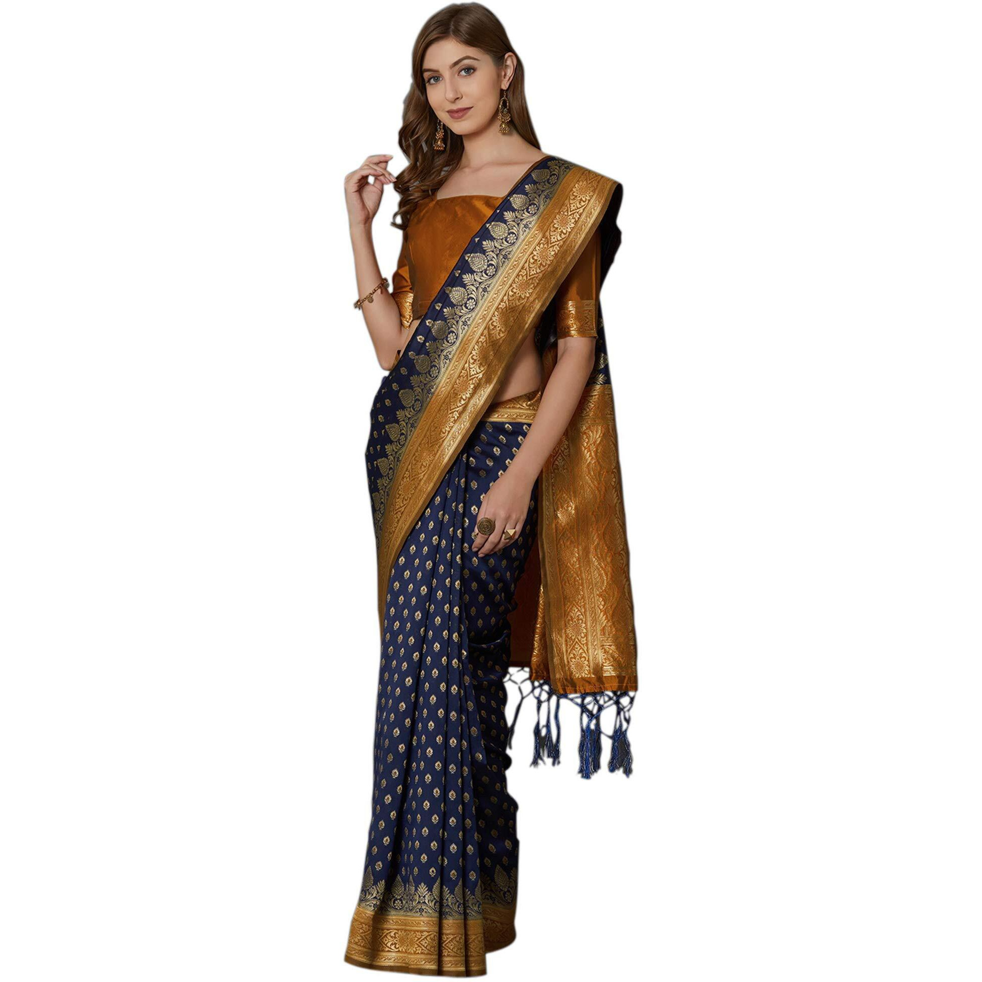 AKHILAM Womens Banarasi silk woven Design Saree with Unstitched Blouse Piece(Navy Blue & Gold_GNG22007)