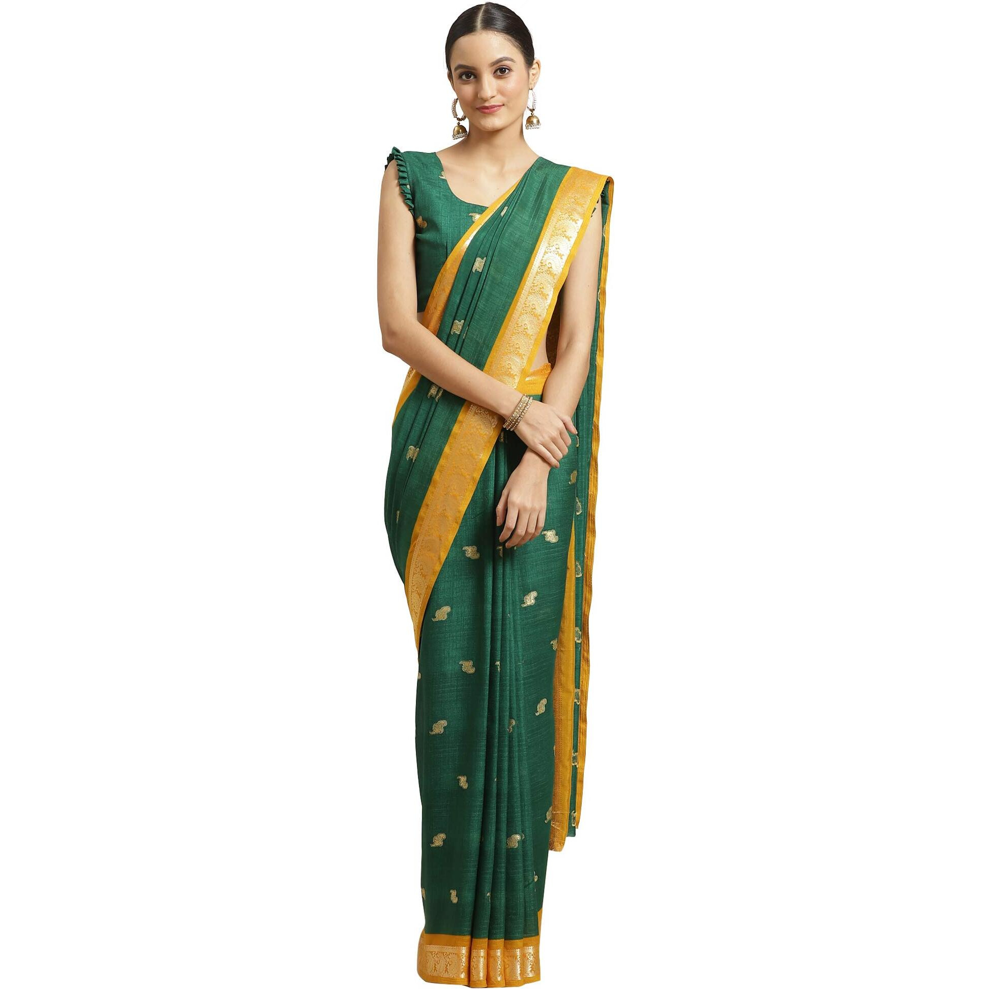 AKHILAM Womens Woven Border Georgette Saree With Unstitched Blouse Piece(Green_IYAT5304)