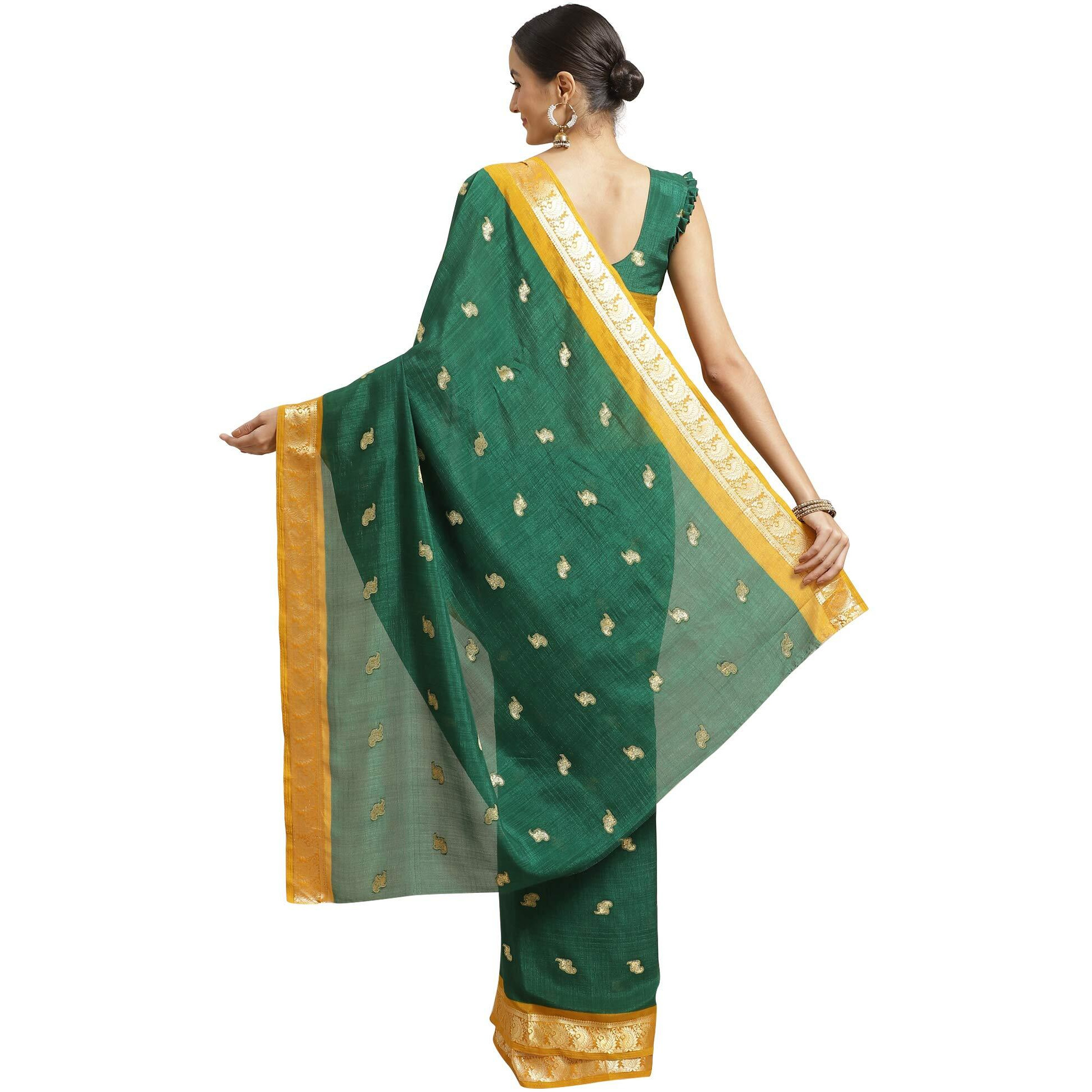 AKHILAM Womens Woven Border Georgette Saree With Unstitched Blouse Piece(Green_IYAT5304)