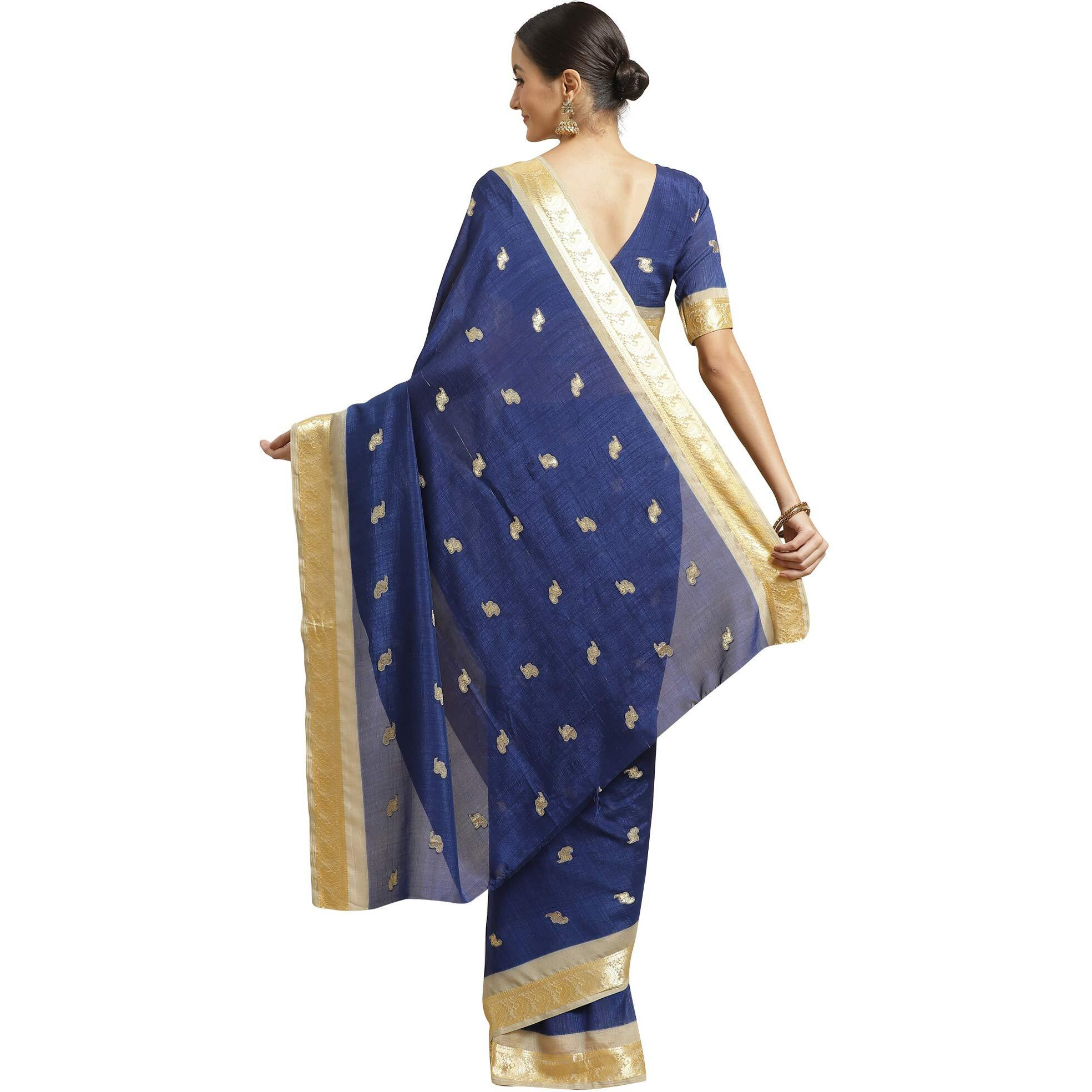 AKHILAM Womens Woven Border Georgette Saree With Unstitched Blouse Piece(Blue_IYAT5302)