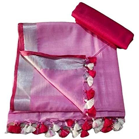 STB-SILK TEXTILES BHAGALPUR Womens Linen Slub Saree With Contrast Blouse