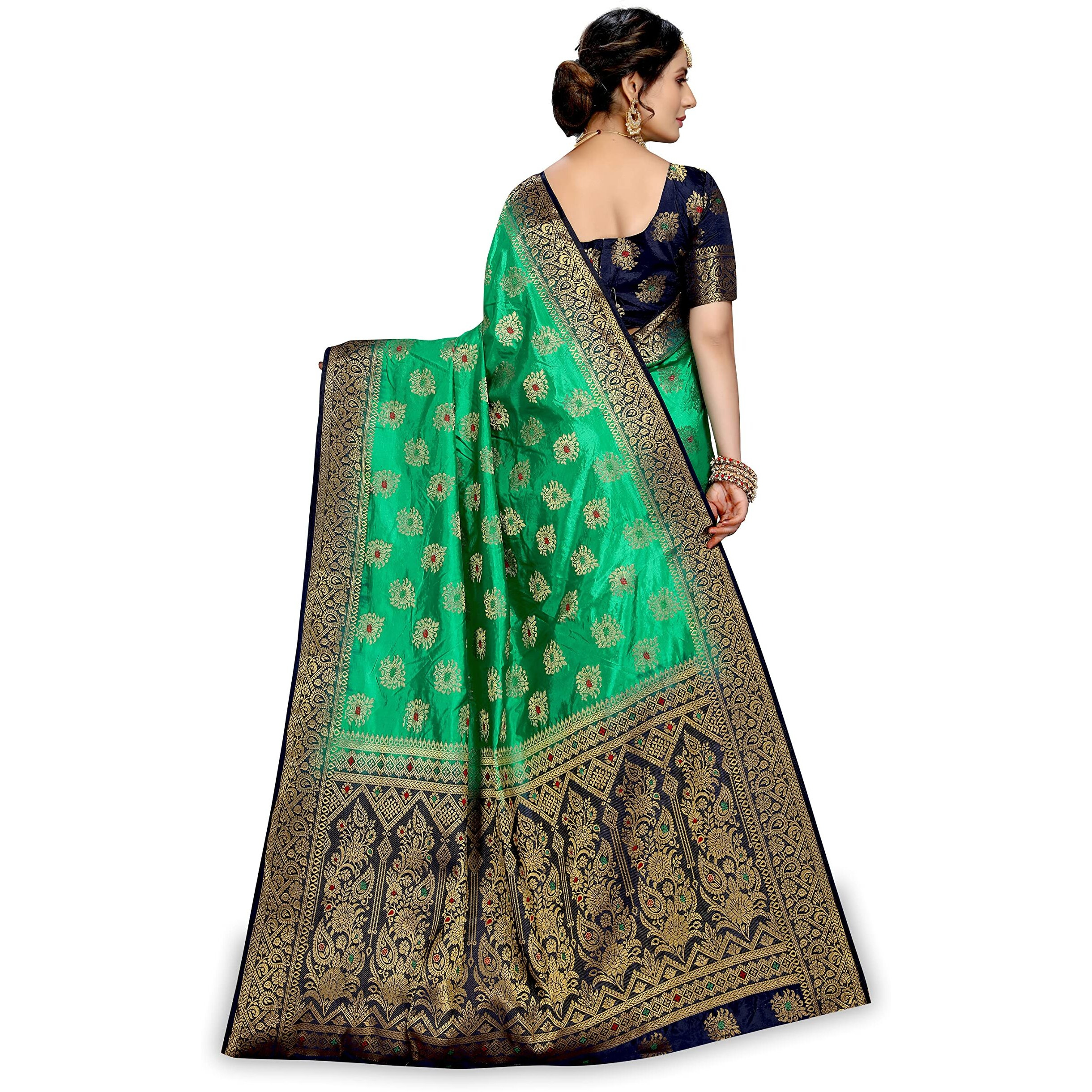 C J Enterprise Womens Pure Soft Kanjivaram Silk Saree Kanchipuram Pattu Sarees Banarasi Design Wear Latest Party Cotton Sari With Blouse Piece for Wedding sadi new 2024 (SunFlower paithani) (Green)