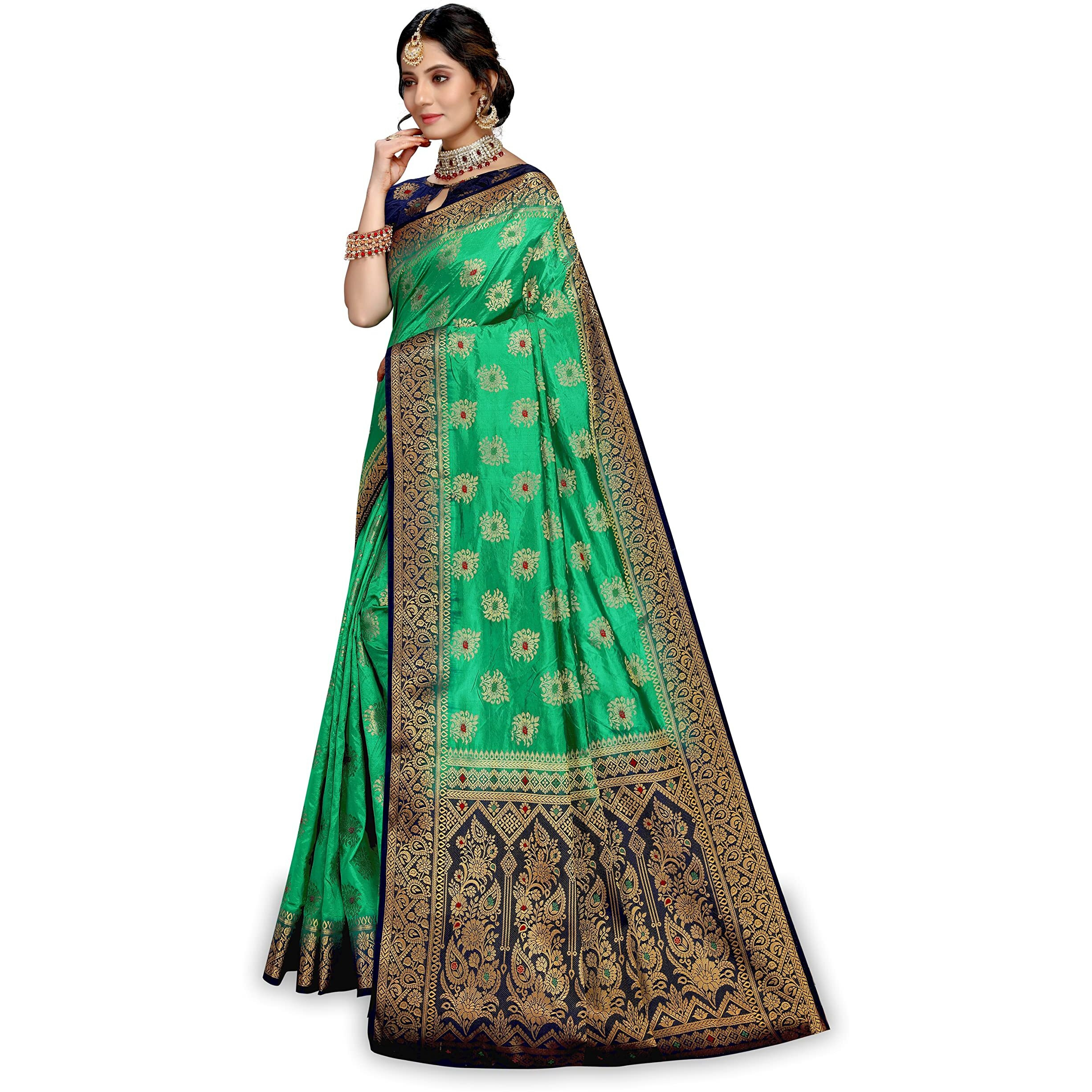 C J Enterprise Womens Pure Soft Kanjivaram Silk Saree Kanchipuram Pattu Sarees Banarasi Design Wear Latest Party Cotton Sari With Blouse Piece for Wedding sadi new 2024 (SunFlower paithani) (Green)