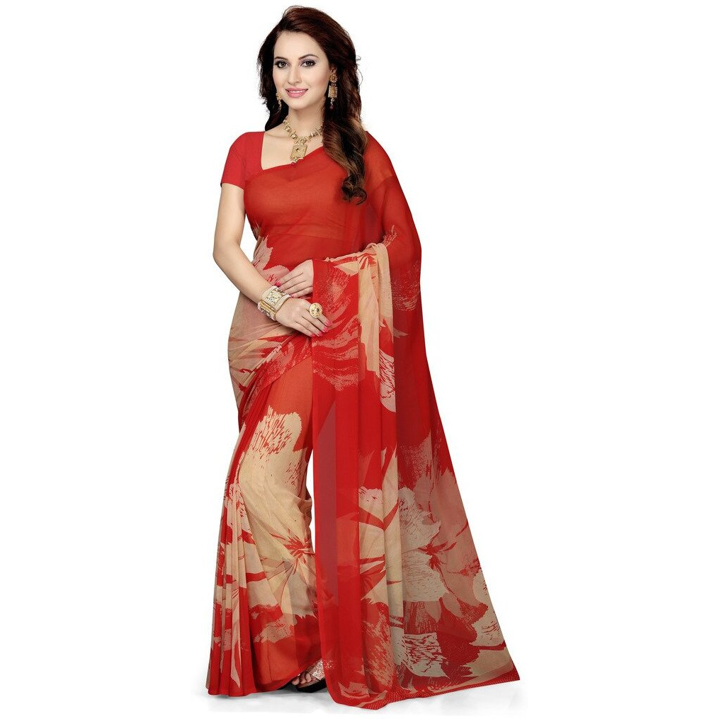 Ishin Womens Georgette Saree (Red)