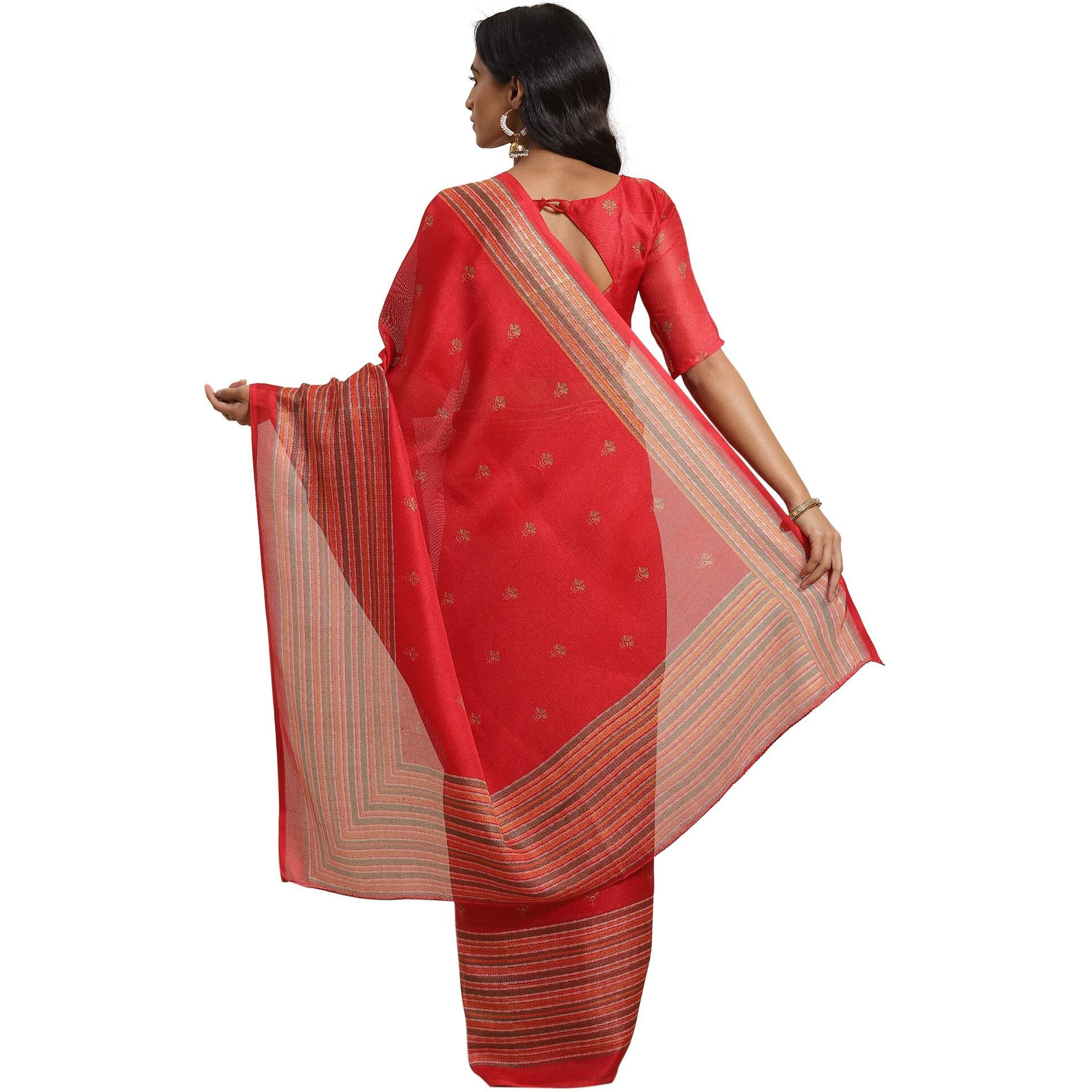 AKHILAM Womens Jute Silk Floral Saree With Unstitched Boluse Piece(Red_JUTH103A)