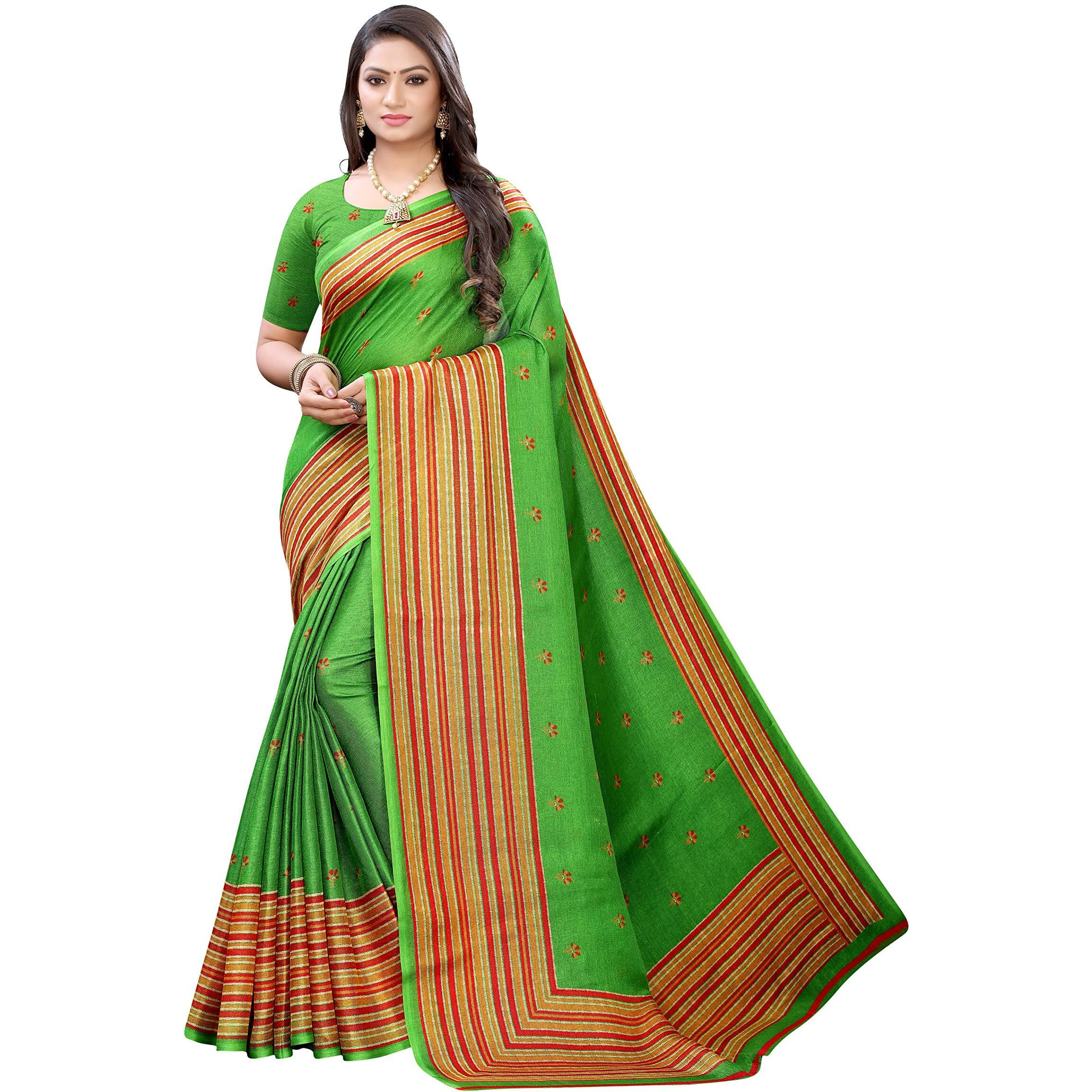 AKHILAM Womens Floral Juth Silk Saree With Unstitched Boluse Piece(Green_JUTH103H)