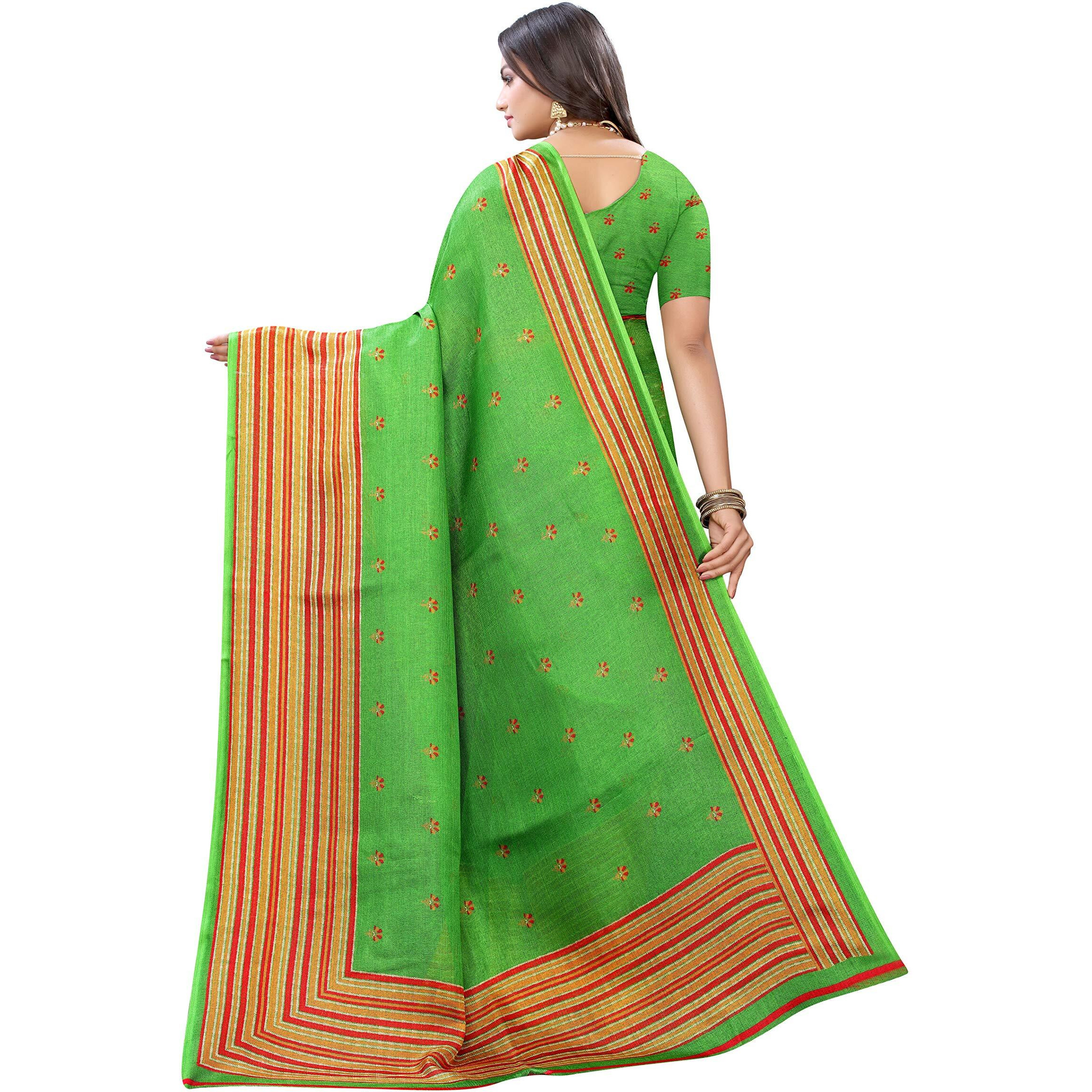 AKHILAM Womens Floral Juth Silk Saree With Unstitched Boluse Piece(Green_JUTH103H)