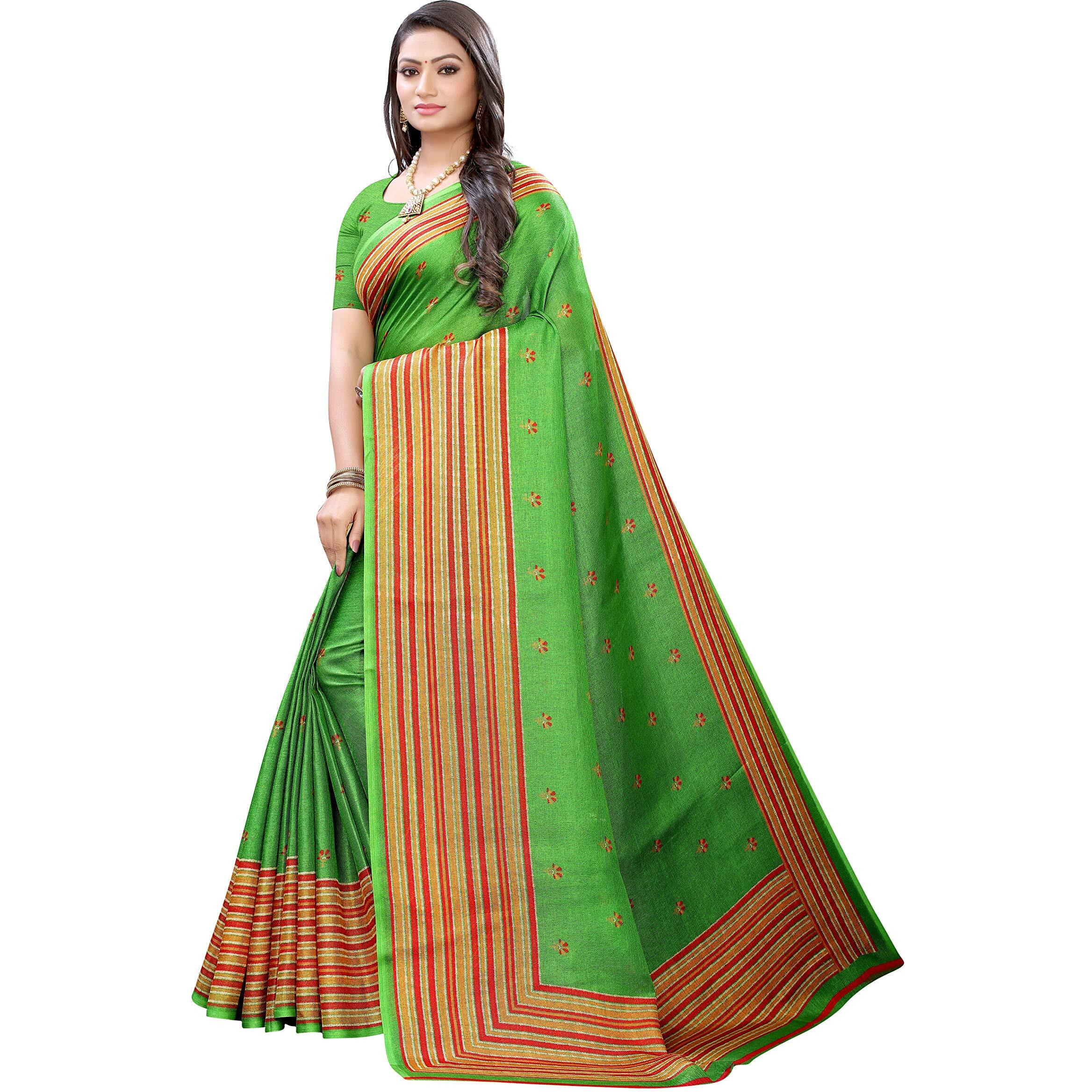 AKHILAM Womens Floral Juth Silk Saree With Unstitched Boluse Piece(Green_JUTH103H)