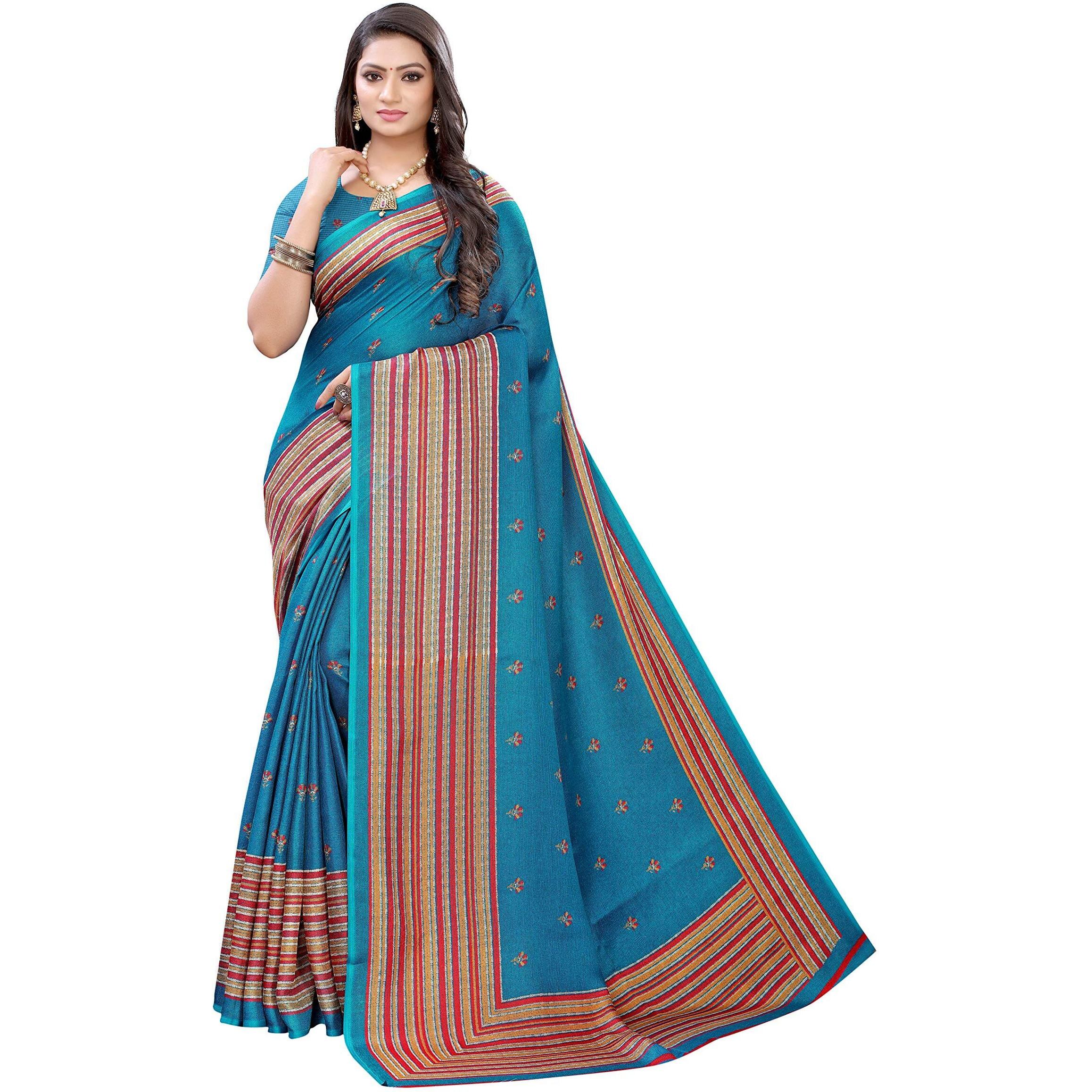 AKHILAM Womens Floral Jute Silk Maheshwari Saree with Blouse Piece (Teal Blue_JUTH103B)