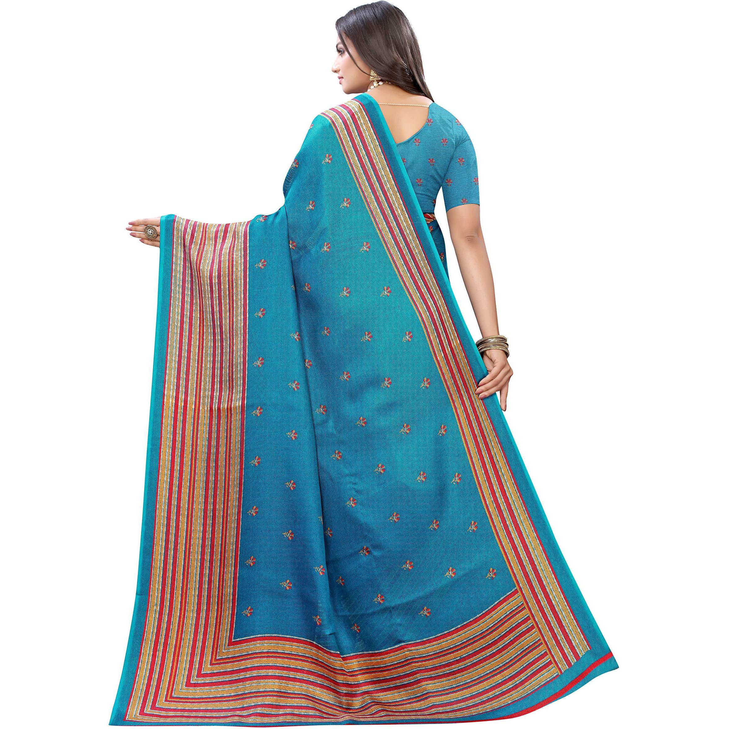 AKHILAM Womens Floral Jute Silk Maheshwari Saree with Blouse Piece (Teal Blue_JUTH103B)