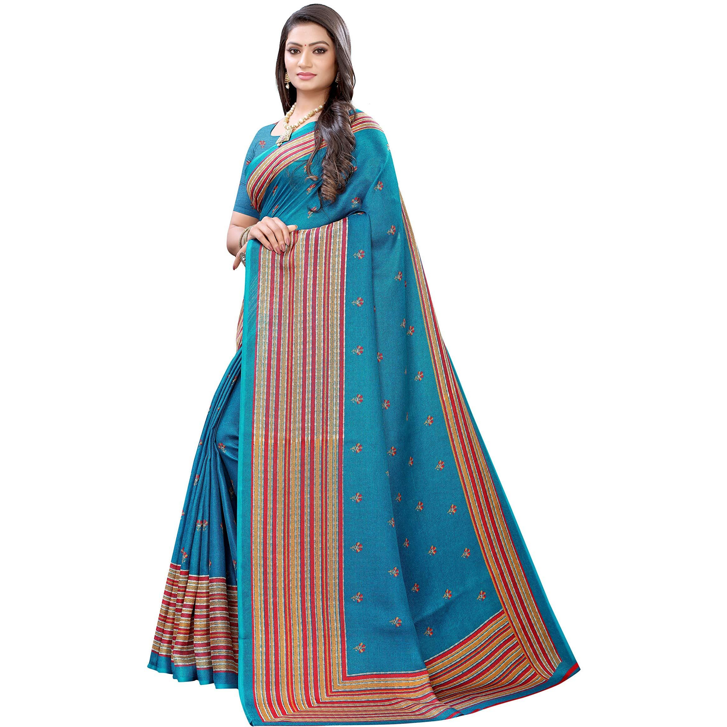 AKHILAM Womens Floral Jute Silk Maheshwari Saree with Blouse Piece (Teal Blue_JUTH103B)