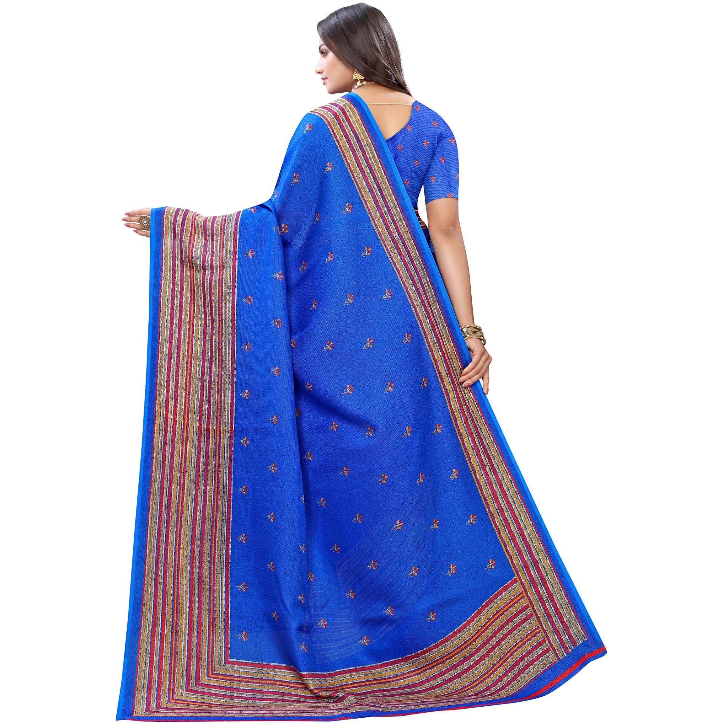 AKHILAM Womens Floral Juth Silk Saree With Unstitched Boluse Piece(Blue_JUTH103D)