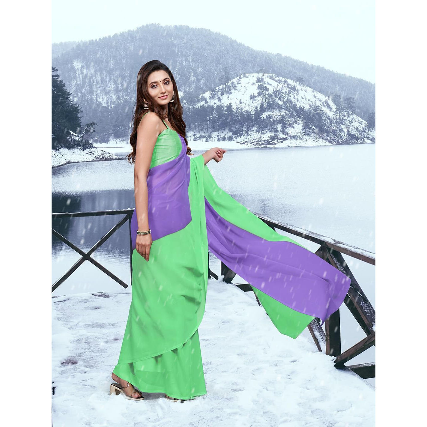 AKHILAM Womens Colorblocked Celebrity Pure Chiffon Rocky Aur Rani Ki Prem Kahani Alia Bhatt Saree with unstitched Blouse Piece