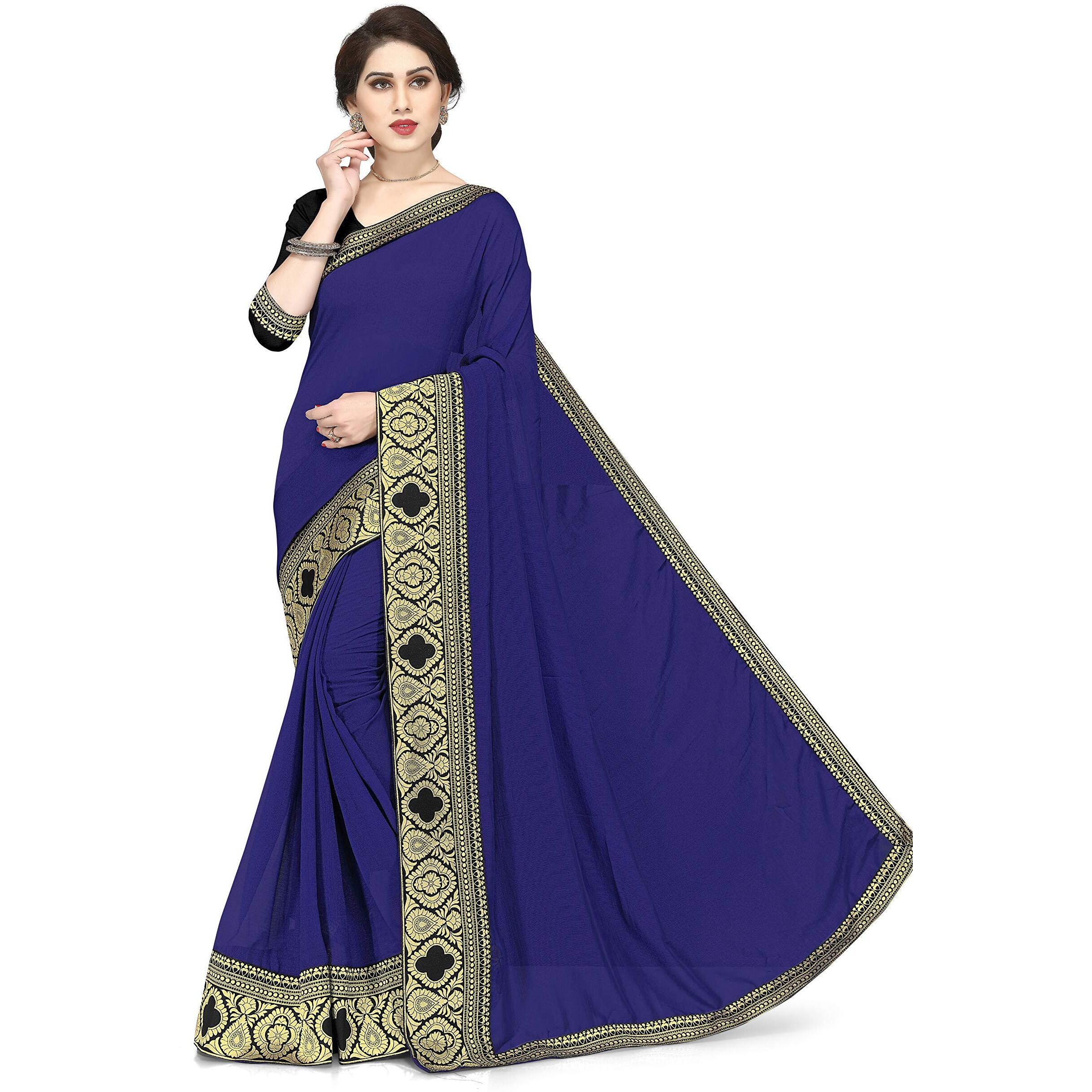 SOURBH Womens Chiffon Woven Zari Work Lace Border Saree with Blouse Piece (12811-Navy Blue)