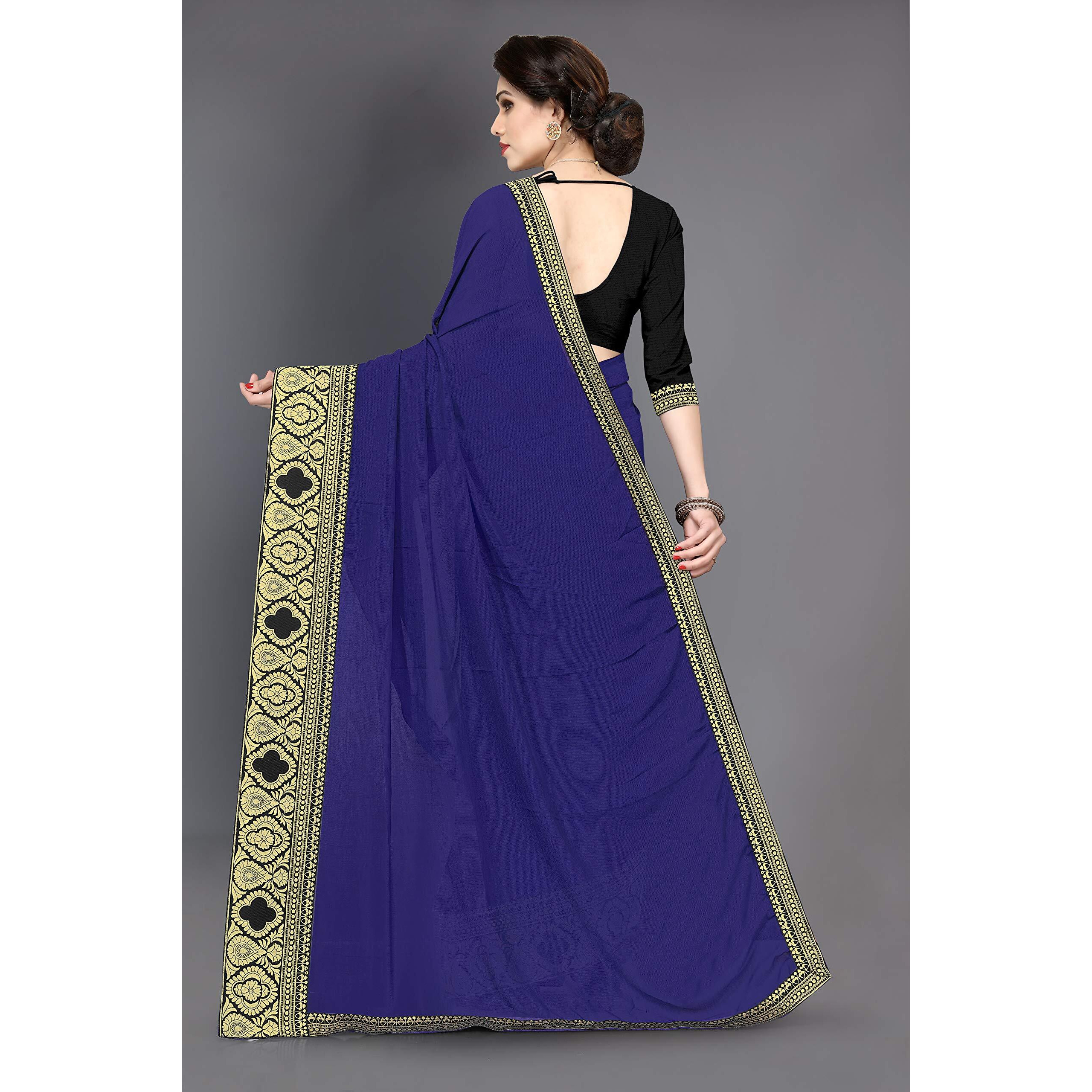 SOURBH Womens Chiffon Woven Zari Work Lace Border Saree with Blouse Piece (12811-Navy Blue)