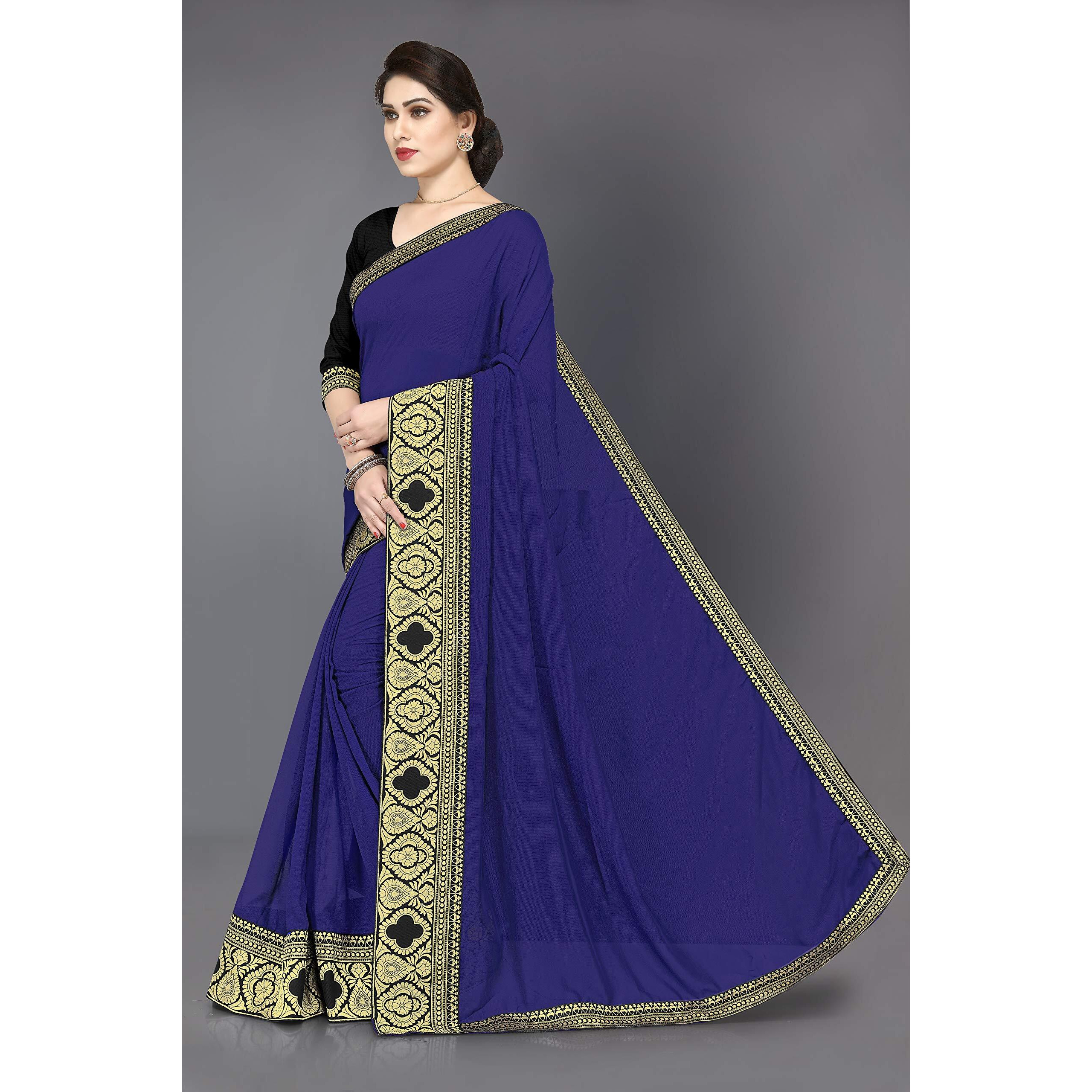 SOURBH Womens Chiffon Woven Zari Work Lace Border Saree with Blouse Piece (12811-Navy Blue)