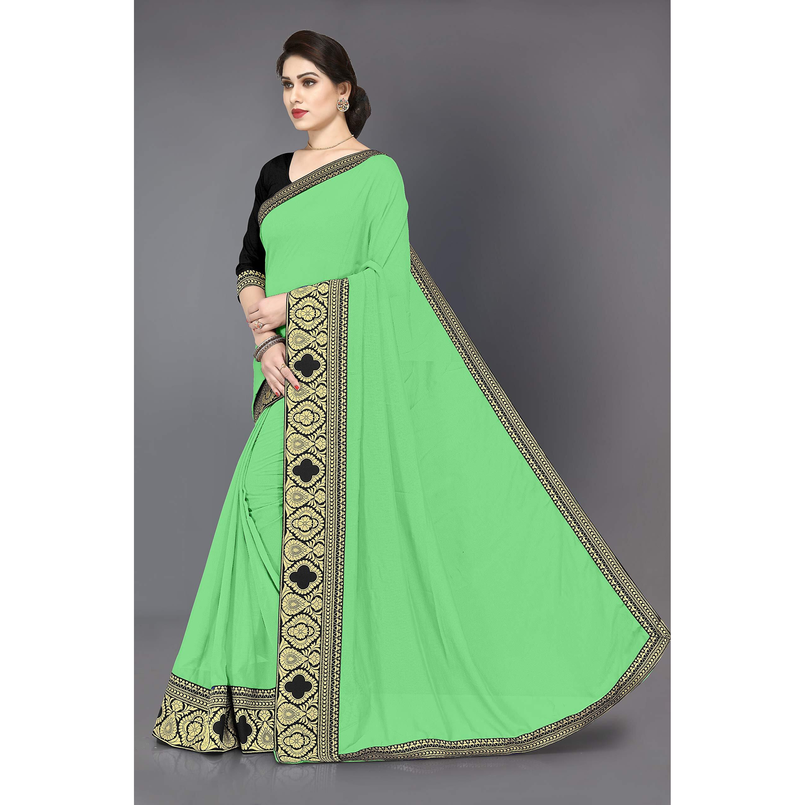 SOURBH Womens Chiffon Woven Zari Work Lace Border Saree with Blouse Piece (12812-Parrot Green)