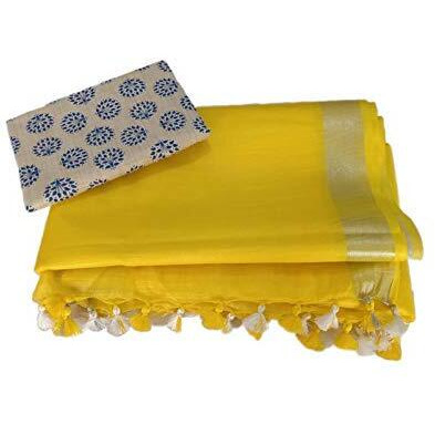 STB-SILK TEXTILES BHAGALPUR Womens Bhagalpuri Linne Viscose Saree With Blouse Piece (STB 0011_Yellow)